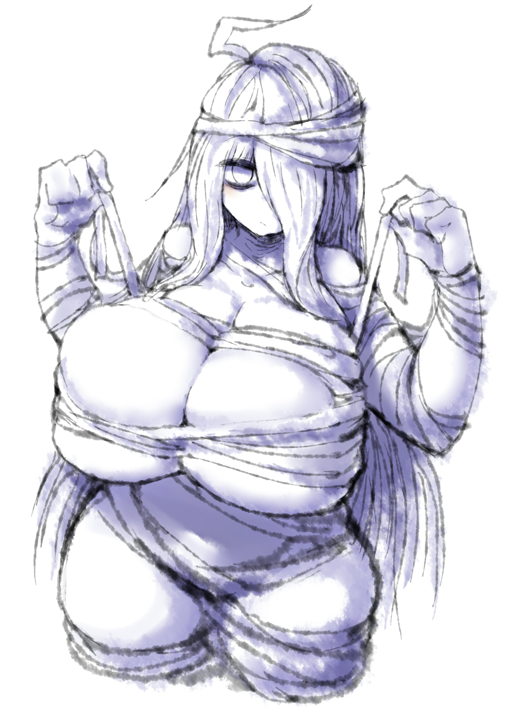 2b213, bandage, breasts, curvy, eye bags, female, hair over one eye, huge breasts, looking at viewer, mei (2b213), monochrome, mummy, mummy costume, solo, source request, thick thighs