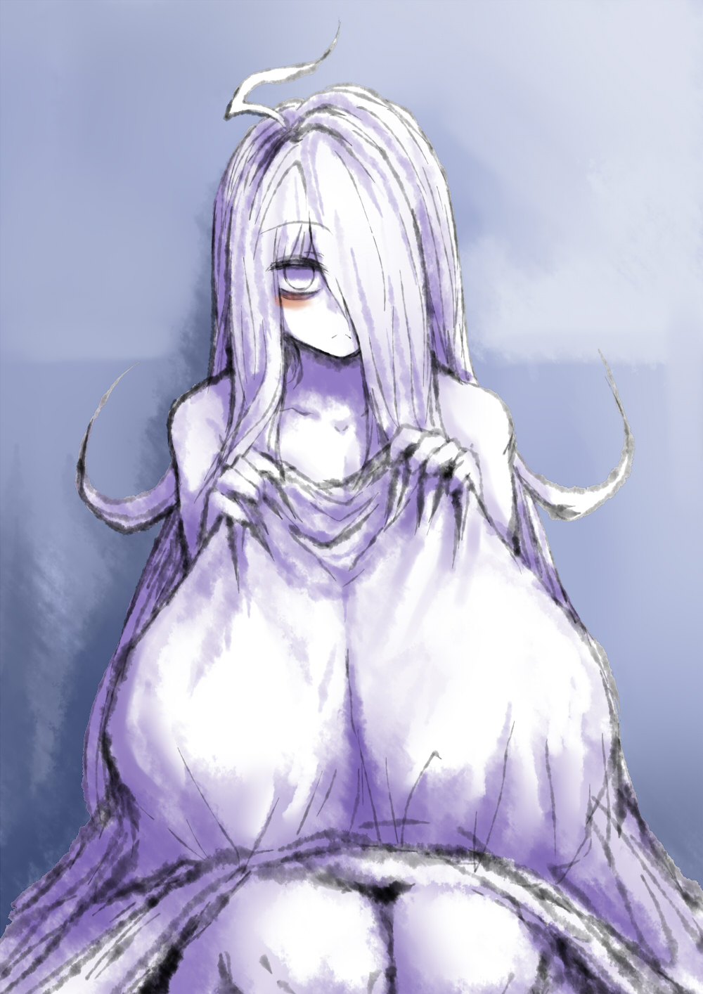 2b213, blush, breasts, collarbone, covering breasts, curvy, eye bags, female, hair covering eye, huge breasts, long hair, mei (2b213), sheet grab, solo, source request, tagme