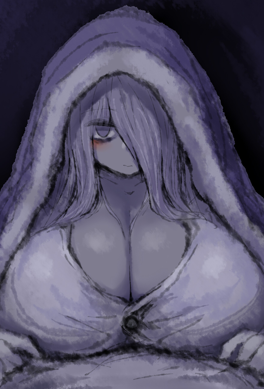 2b213, bed, breasts, cleavage, eye bags, female, hair over one eye, huge breasts, looking at viewer, mei (2b213), sheets, solo, source request, tagme