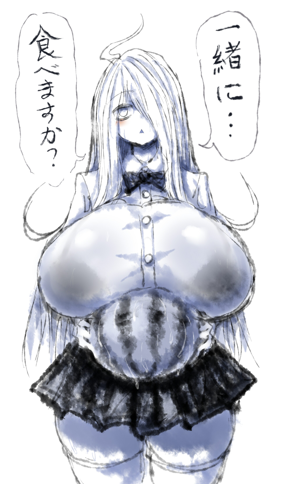 2b213, bowtie, bra, bra visible through clothes, breasts, chinese text, curvy, curvy hips, eye bags, female, hair over one eye, huge breasts, long hair, mei (2b213), one eye covered, original, school uniform, see-through clothing, skirt, solo, source request, speech bubble, thick, thick thighs, thighhighs, translation request, watermelon, wet clothes, white background