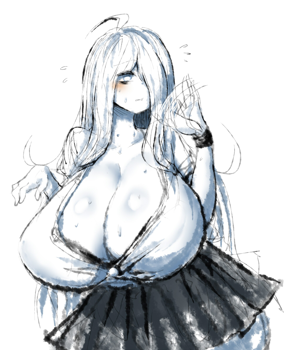 2b213, blush, breasts, button down shirt, cleavage, clothed, curvy, eye bags, female, hair over one eye, huge breasts, mei (2b213), skirt, solo, source request, sweat, sweating, unbuttoned shirt