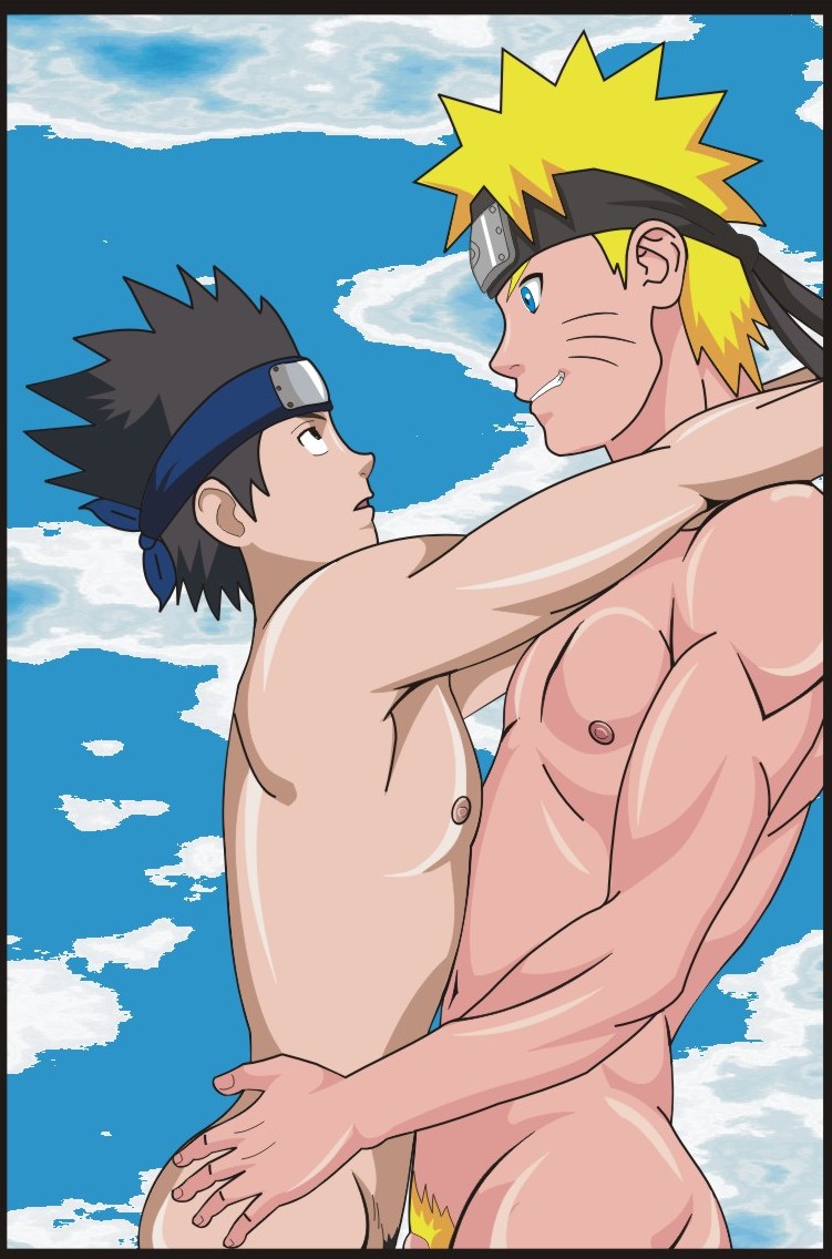 2boys, age difference, ass, blonde hair, blue eyes, boy, boys, brown eyes, brown hair, cute, embrace, erect nipples, forehead protector, gay, hand on hip, headband, height difference, male, male only, naked, naruto, naruto (series), naruto shippuden, nipples, nude, nude male, penis, pubic hair, sarutobi konohamaru, sky, standing, teenager, twink, uzumaki naruto, whisker markings, whiskers, yaoi, yellow hair