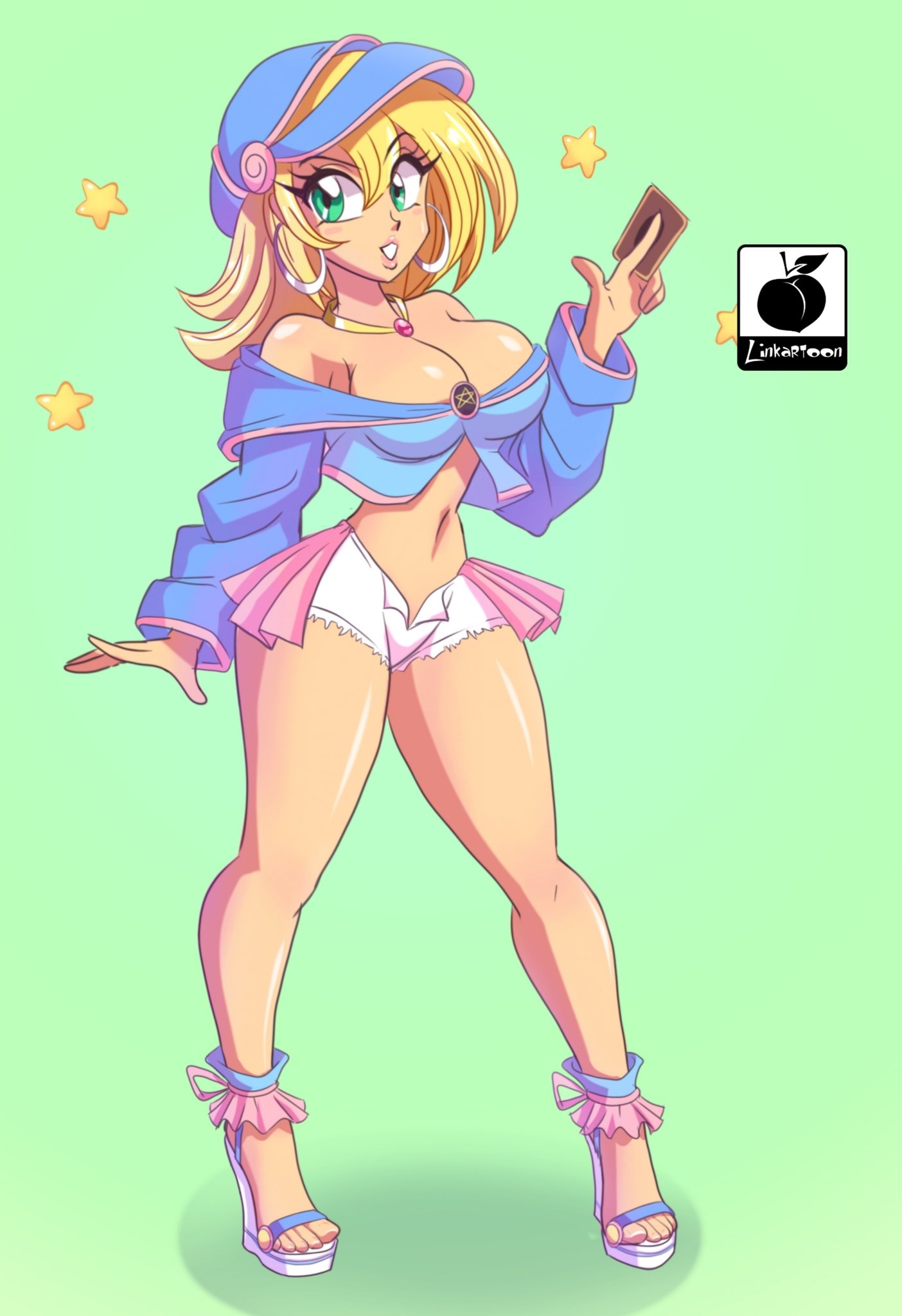 1girls artist_name bare_legs bare_shoulders bimbo blonde_hair breasts busty card cleavage clothing dark_magician_girl ear_piercing earrings eyelashes female female_only green_background green_eyes heels high_heel_sandals high_heels hoop_earrings hourglass_figure legs linkartoon midriff no_socks open_toe_shoes piercing pink_frills shiny_skin shorts solo solo_female thighs toes very_high_heels voluptuous watermark yu-gi-oh!