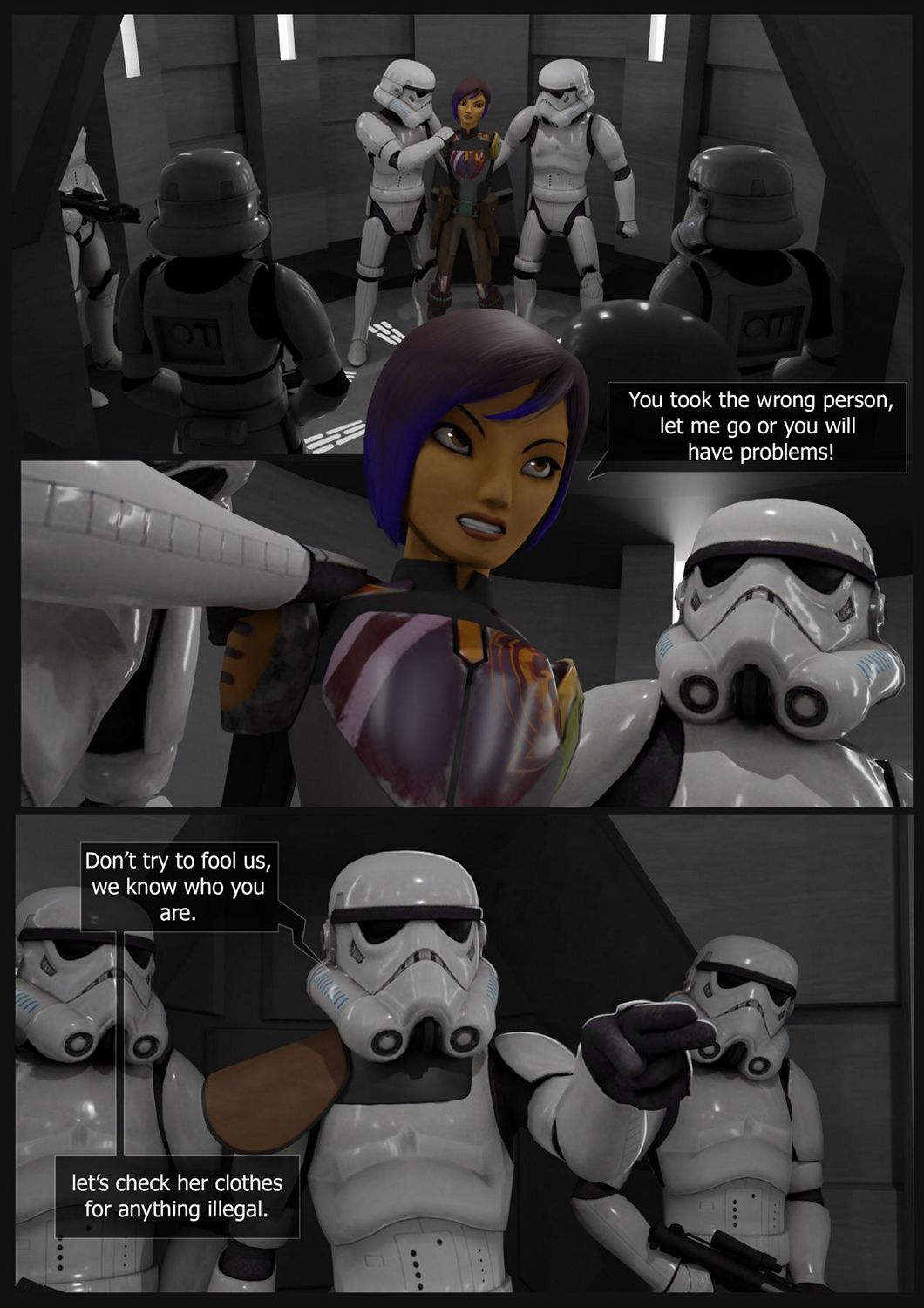 1girls clothed_female clothed_male_nude_female colored_hair comic comic_page crossbowpussycat dyed_hair faceless_male female hand_cuffs imminent_rape mandalorian prison prisoner restrained restrained_wrists sabine_in_custody sabine_wren smaller_female star_wars star_wars_rebels stormtropper