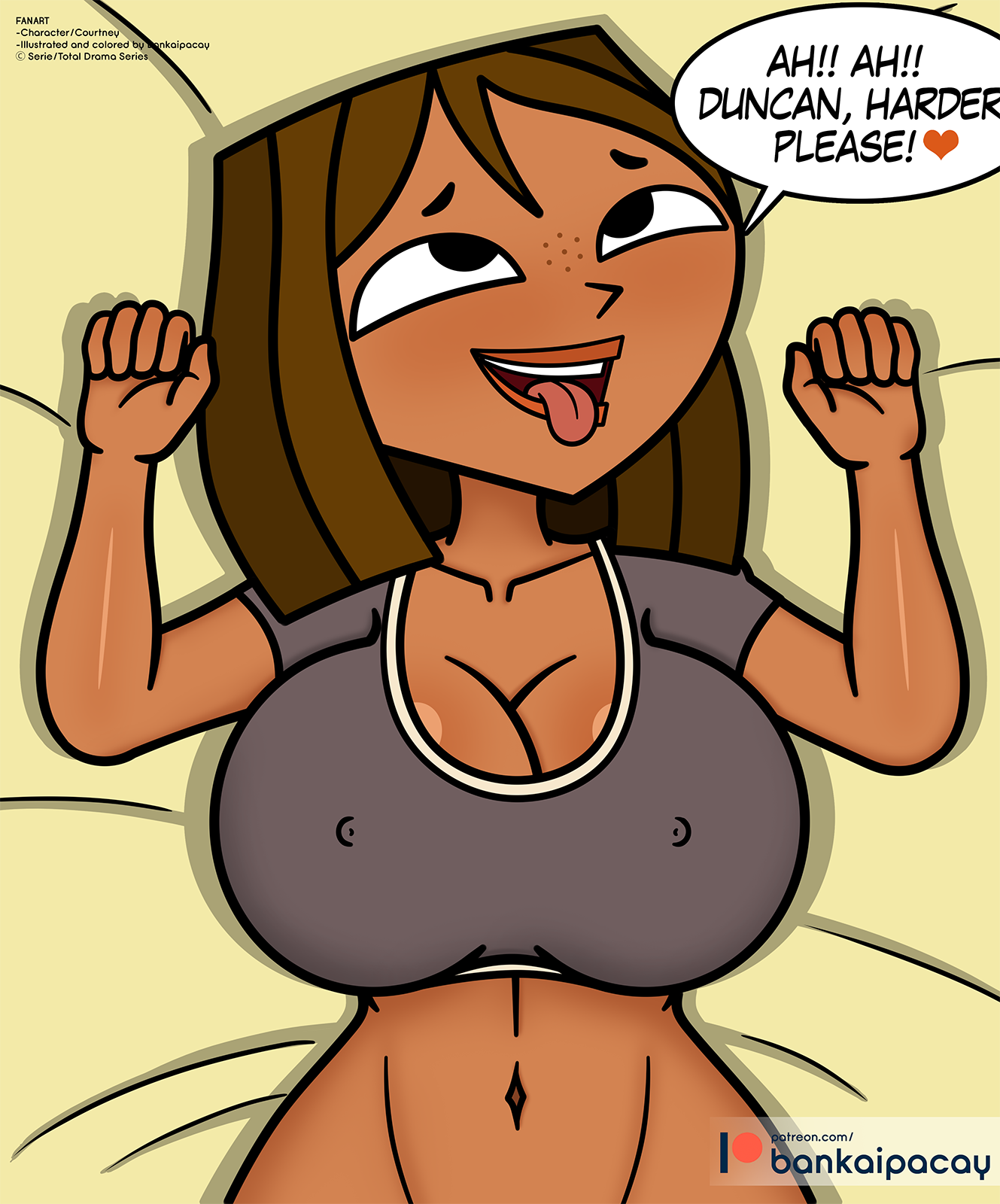 2021, 5 fingers, ahe gao, bankaipacay, black eyes, bra, breasts, brown hair, cartoon network, clothed, collarbone, courtney (tdi), eyebrows, female, fingers, freckles, human, human only, lips, lying, navel, patreon, solo, tongue, tongue out, total drama island