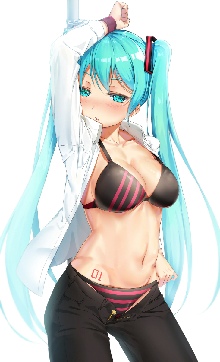 1girl, 1girls, abs, aqua eyes, aqua hair, arm up, arms up, aroused, bdsm, belly, belly button, big breasts, black pants, blue eyes, blue hair, blush, bondage, bound, bound wrists, bra, breasts, chain, cleavage, collarbone, cowboy shot, cuffs, female, green eyes, green hair, hatsune miku, horny, long hair, looking at viewer, medium breasts, navel, open clothes, open fly, open mouth, open pants, open shirt, panties, pants, pulling down pants, restrained, seducing, seductive, seductive eyes, seductive look, seductive smile, shirt, simple background, solo, standing, stomach, striped, striped bra, striped panties, tattoo, twintails, unbuttoned, underwear, very long hair, vocaloid, white background, white shirt