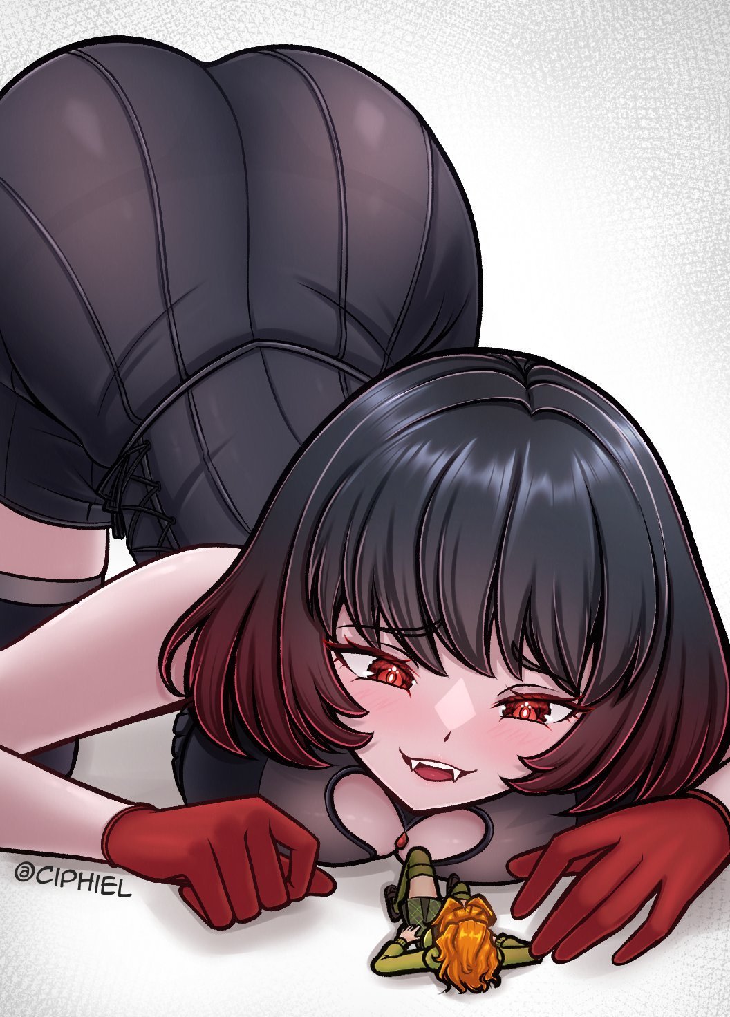 2girls, anime style, ass, bending, bending over, black dress, black hair, boobs, breasts, cleavage, deadlock, dyed hair, fingers, giantess, gloves, hands, macrophilia, mina (deadlock), mina ha, minigirl, paige (deadlock), red eyes, red hair, short hair, shrink, shrunk, shrunken, twitter, vampire, vampire girl, vampire teeth, white background