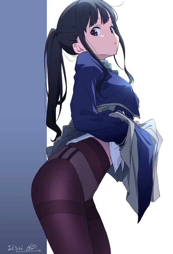 1female, 1girl, 1girls, 1woman, 1women, 2026, 2d, 2d (artwork), 2d anime style, 2d art, 2d artwork, alternate hairstyle, alternative hairstyle, anime, anime character, anime coloring, anime girl, anime style, animestyle, ass, ass against wall, attractive body, attractive female, black hair, black hair female, black haired female, black panties, black pantyhose, black tights, black-hair, black-haired female, cute, cute and sexy, cute face, cute female, different hair style, digital, digital art, digital drawing, digital drawing (artwork), digital media, digital media (artwork), female, female focus, female only, holding skirt, hot female, inoue takina, lift skirt, lifted by self, lifted skirt, lifted up clothing, lifting own clothes, lifting skirt, light skin, light skin body, light skin female, light skinned, light skinned female, light-skinned female, looking at viewer, lycoris recoil, lycoris uniform, nii manabu, panties, panties under pantyhose, panties under skirt, panties visible through clothes, panties visible through clothing, pantyhose, pantyhose focus, pantyhose under skirt, ponytail, ponytail (hair), ponytail female, ponytail hair, purple eyed, purple eyed female, purple eyes, purple eyes female, purple-eyed, purple-eyed female, sexually suggestive, sexy, sexy body, sexy breasts, sexy butt, sexy clothes, sexy clothing, sexy expression, sexy female, sexy girl, sexy pose, sexy woman, skirt, skirt lift, skirt lifted, skirt lifted by self, skirt up, solo, solo female, solo female focus, solo focus, staring at viewer, tight clothes, tight clothing, tight pantyhose, tights, uniform, uniform female, visible panties, woman, woman focus, woman only, woman solo, women, women focus, women only