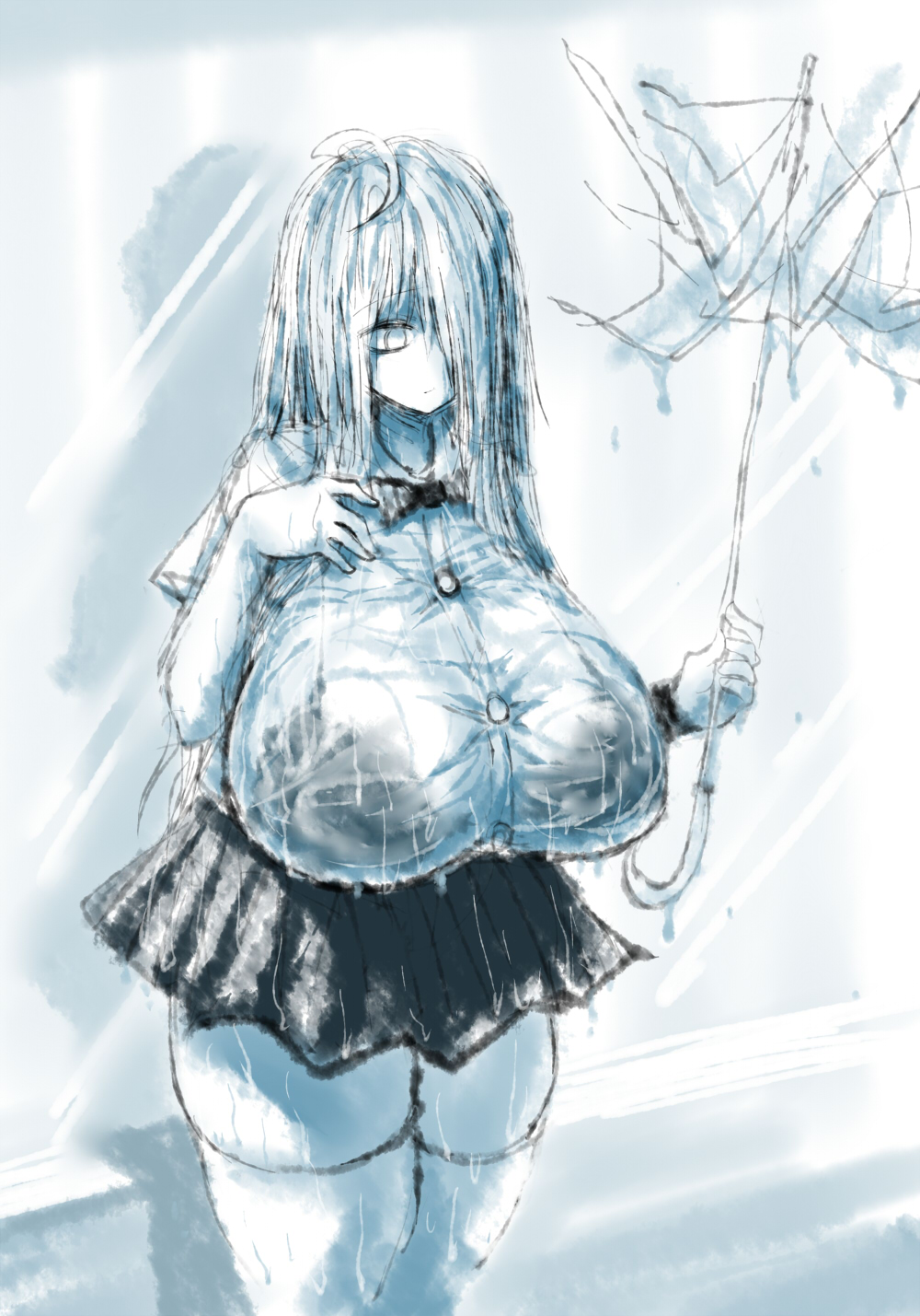 2b213, ass, bowtie, bra, bra visible through clothes, breasts, breasts bigger than head, curvy, eye bags, female, hair over one eye, huge breasts, large ass, long hair, mei (2b213), one eye covered, rain, school uniform, see-through clothing, skirt, solo, source request, thick, thick thighs, thighhighs, wet, wet clothes, white background, white hair