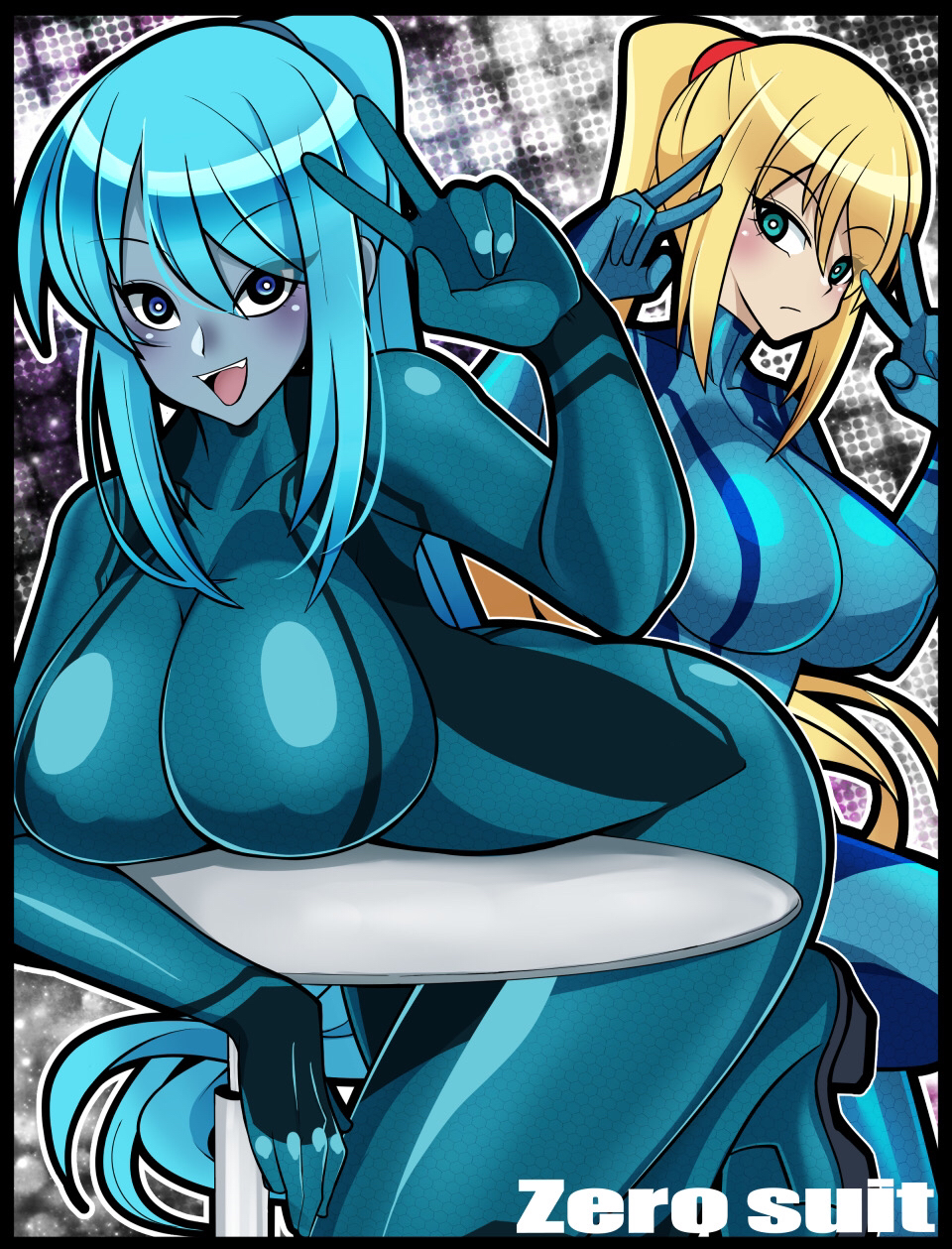 2girls big_breasts blonde_hair blue_eyes blue_hair breasts breasts_on_table curvy dark_samus grey_skin iriomote_umineko metroid nintendo nipple_bulge samus_aran source_request tagme zero_suit zero_suit_samus