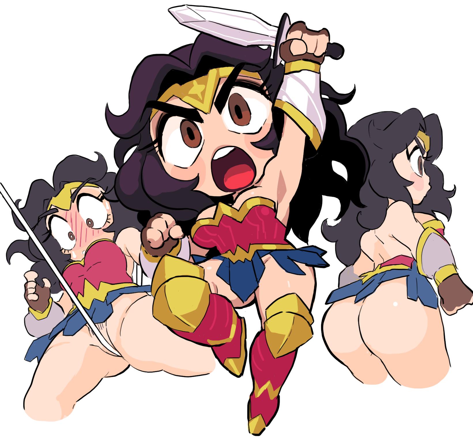 action pose, ass, bare shoulders, black hair, blush, brown eyes, chibi, dc, dc comics, diana prince, female, female superhero, flossing, from behind, from below, gashi-gashi, no panties, superhero, superheroine, tagme, wonder woman, wonder woman (series)