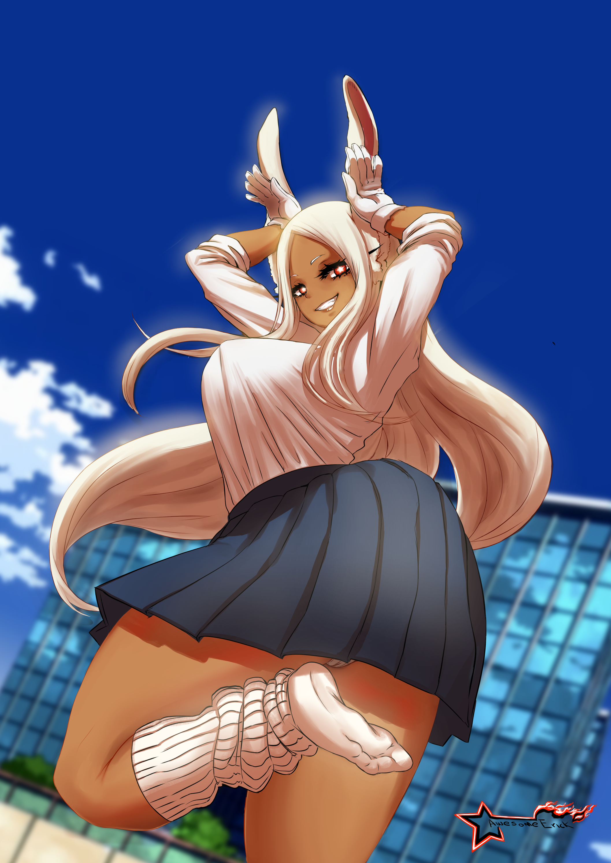1girls, absurd res, animal ears, awesomeerix, big breasts, breasts, bunny ears, cameltoe, dark skin, dark-skinned female, feet, female, footwear, gloves, hi res, huge breasts, long hair, looking at viewer, loose socks, miruko, my hero academia, no shoes, panties, pussy, raised leg, red eyes, rumi usagiyama, school uniform, schoolgirl, shounen jump, signature, skirt, smile, socks, soles, thick thighs, toes, white hair