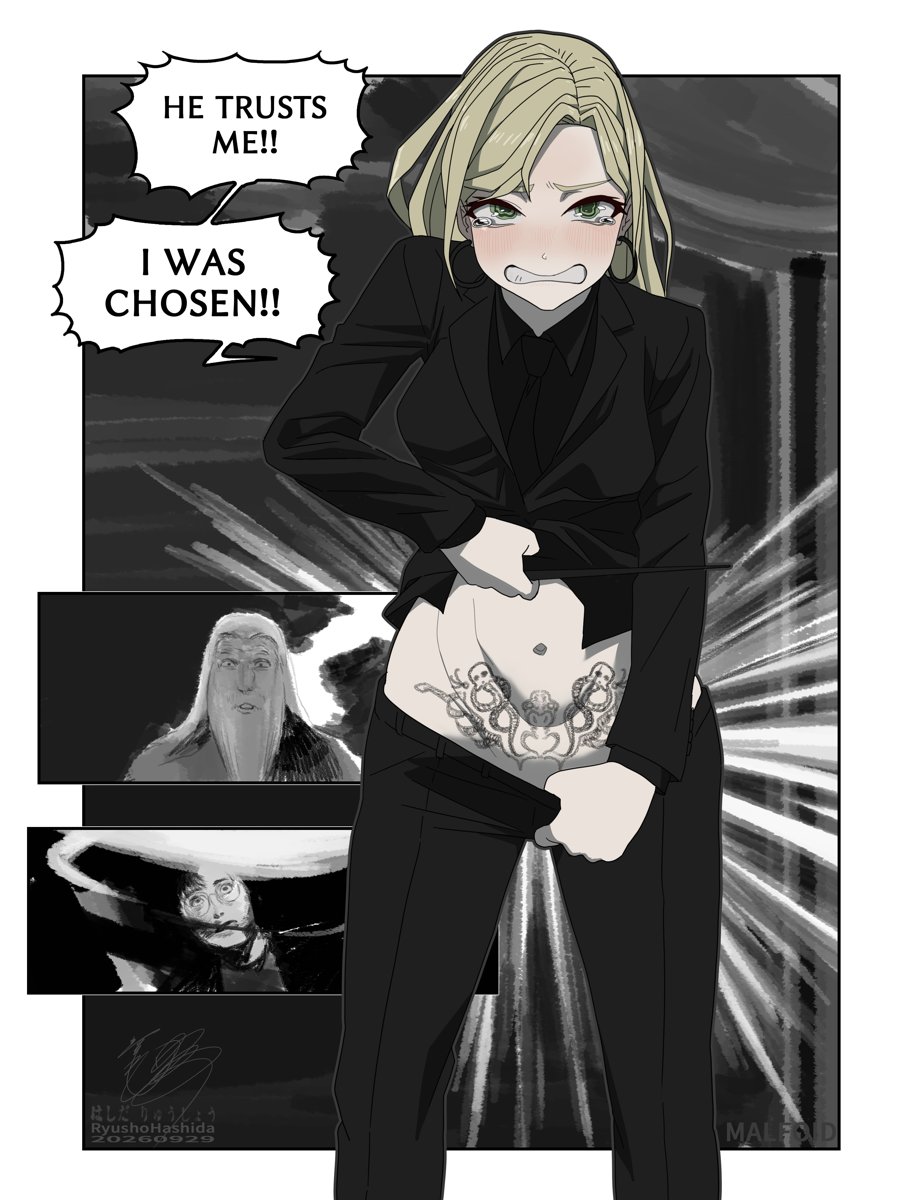 1girls, albus dumbledore, artist request, black clothing, blonde hair, blush, canonical scene, crying, dialogue, draco malfoy, draco malfoy (redteneri), earrings, english, genderswap, green eyes, harry james potter, harry potter, rule 63, surprised, tagme, tattoo, tears, womb tattoo