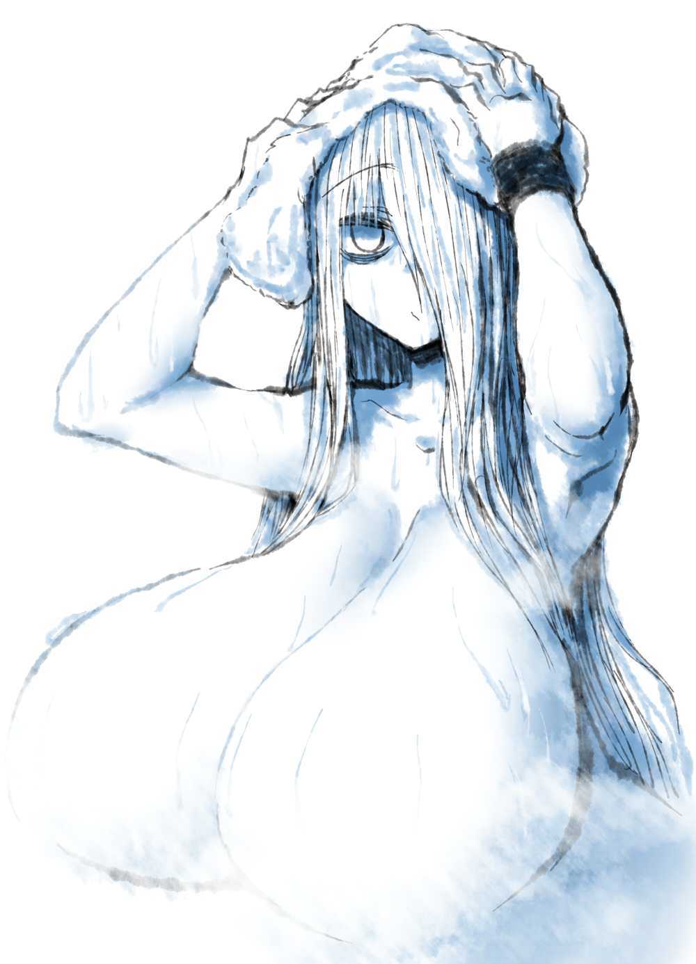 1girls, 2b213, breasts, eye bags, female, hair over one eye, huge breasts, looking at viewer, mei (2b213), nude, solo, source request, steam censor