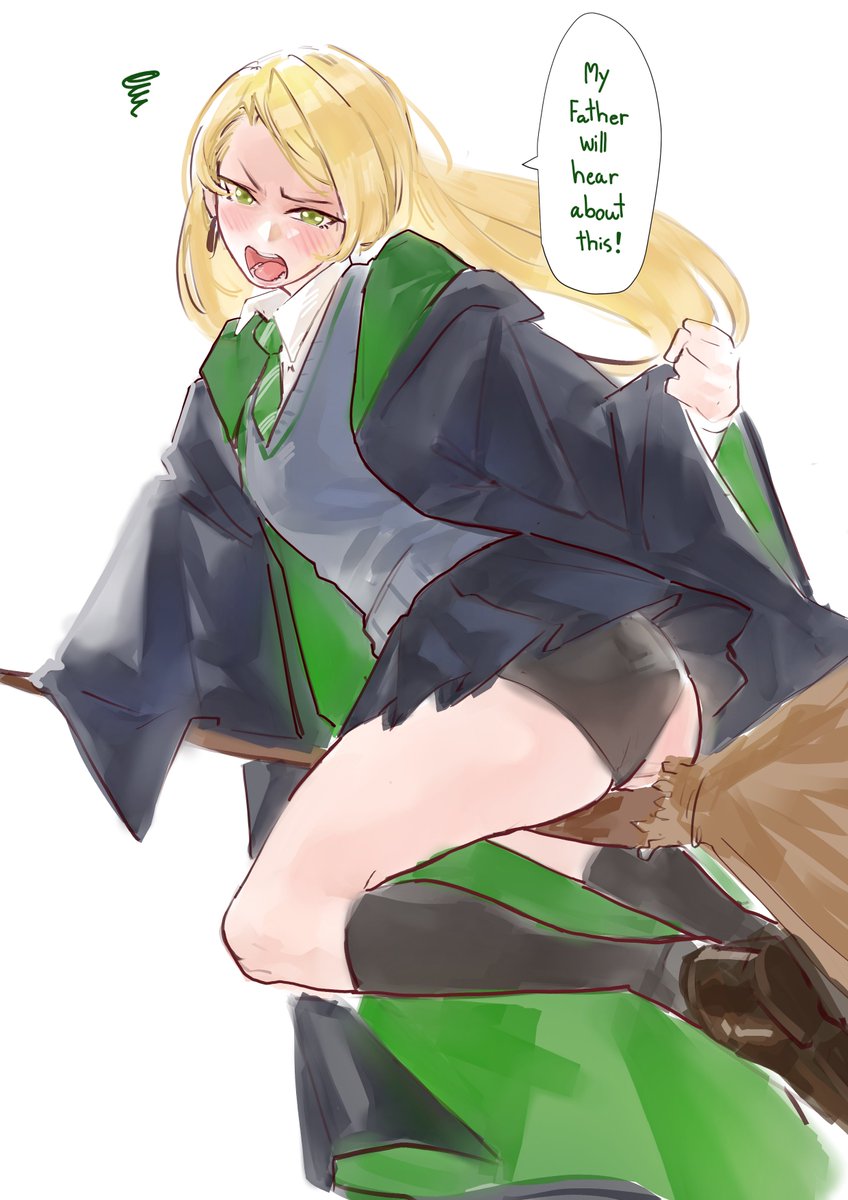 1girl, ass, blonde female, blonde hair, blushing, blushing at viewer, broom, draco malfoy, draco malfoy (redteneri), green eyes, harry potter, looking at viewer, magic, panties, rule 63, tagme, tie