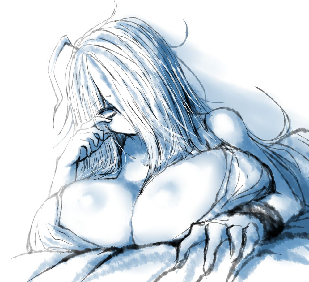 2b213, bed, breasts, cleavage, eye bags, female, hair over one eye, huge breasts, lying, mei (2b213), original, sleepy, solo, source request, tagme