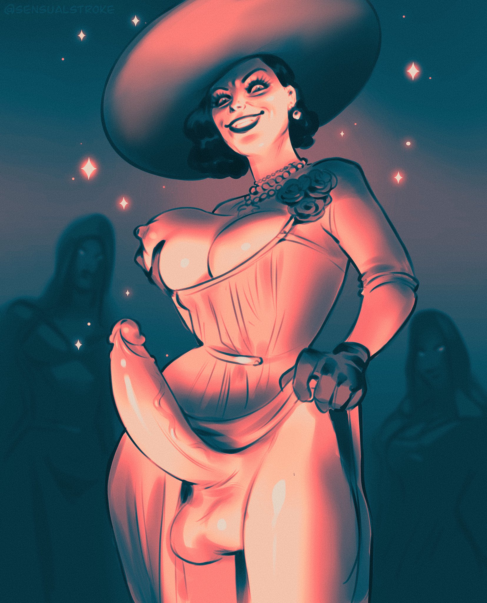 1futa, alcina dimitrescu, areolae, balls, big penis, breasts, dickgirl, dress lift, erection, futanari, intersex, large breasts, lifting dress, looking at viewer, nipples, penis, resident evil, resident evil 8: village, sensualstroke, solo focus, testicles