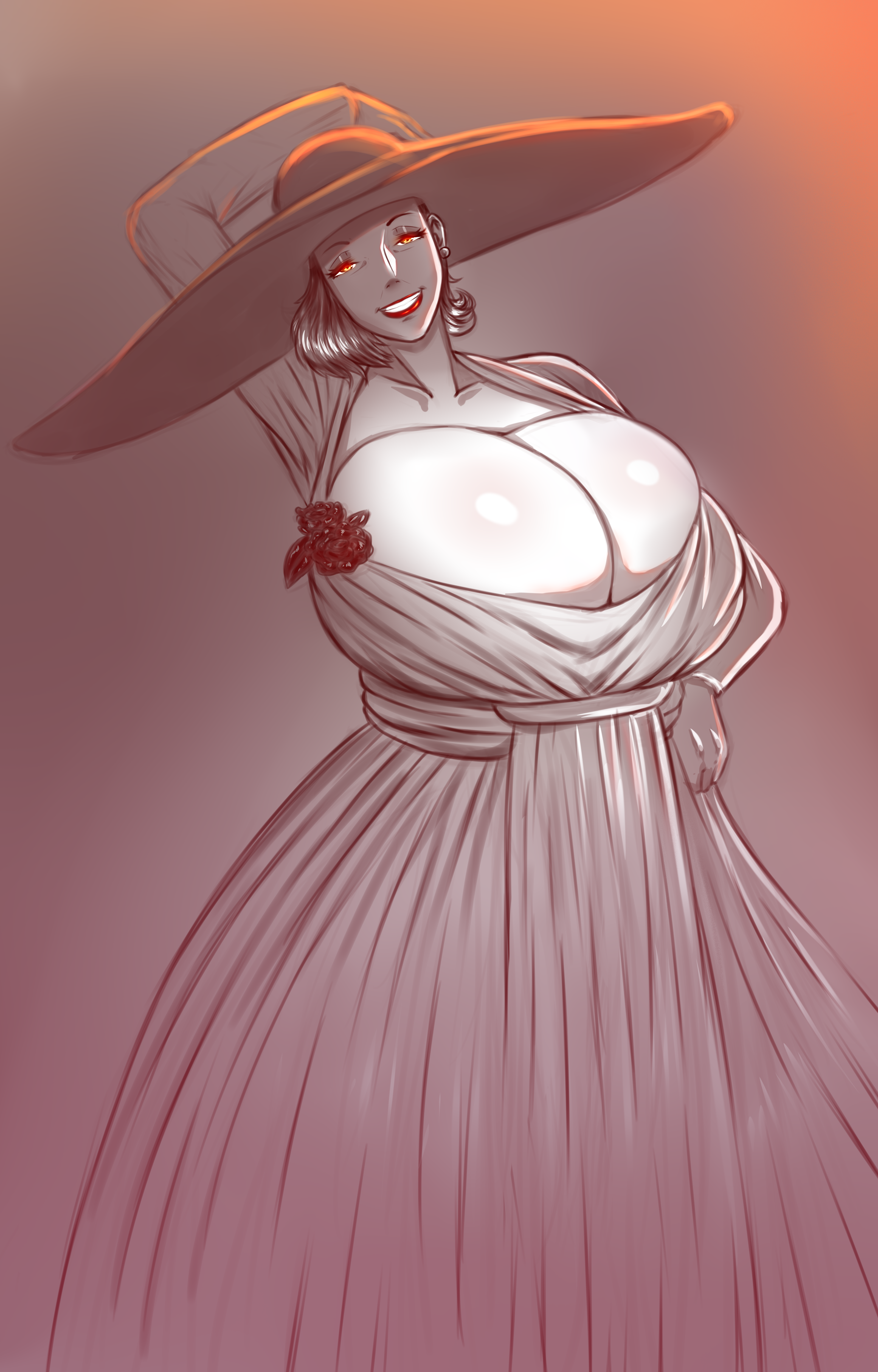 1girls, absurdres, alcina dimitrescu, breasts, breasts bigger than head, cleavage, female, female only, highres, huge breasts, large breasts, looking at viewer, mickodaimao, monochrome, resident evil, resident evil 8: village, solo