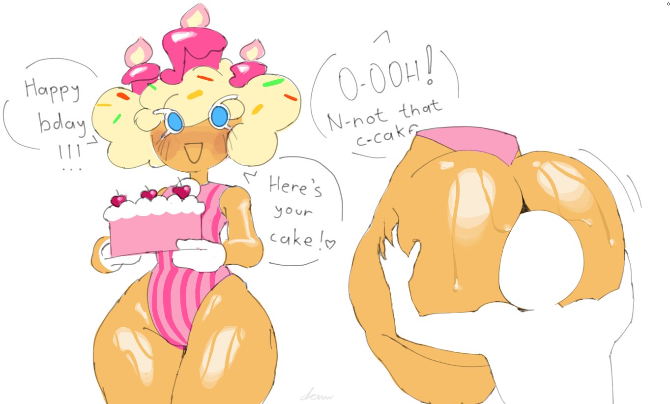 birthday cake cookie, cookie run, dialogue, eating ass, face in ass, holding object, huge ass, jok1u (artist), self upload, simple background, sweatdrop, thick thighs, twitter link