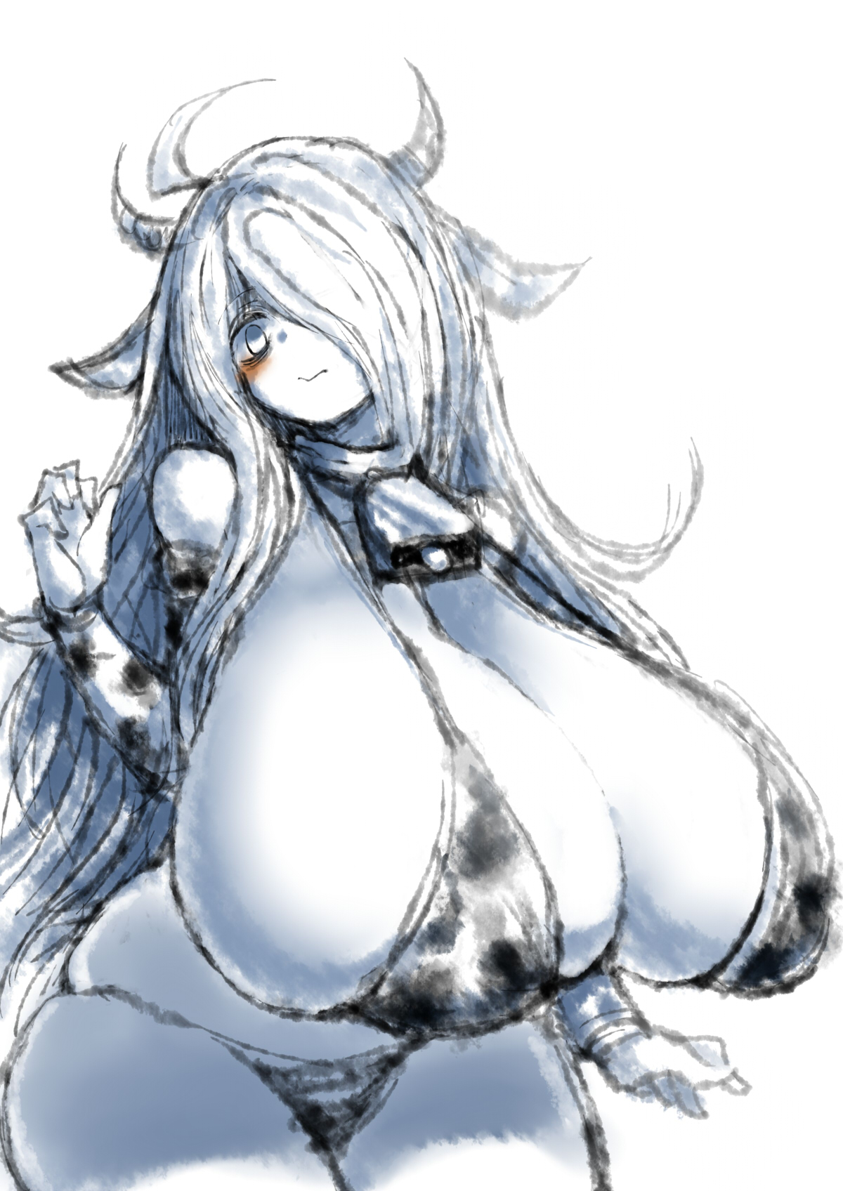 2b213, blush, bra, breasts, cleavage, cow bikini, cow girl, cow horns, cow print, cowbell, curvy, eye bags, female, huge breasts, looking at viewer, mei (2b213), solo, source request