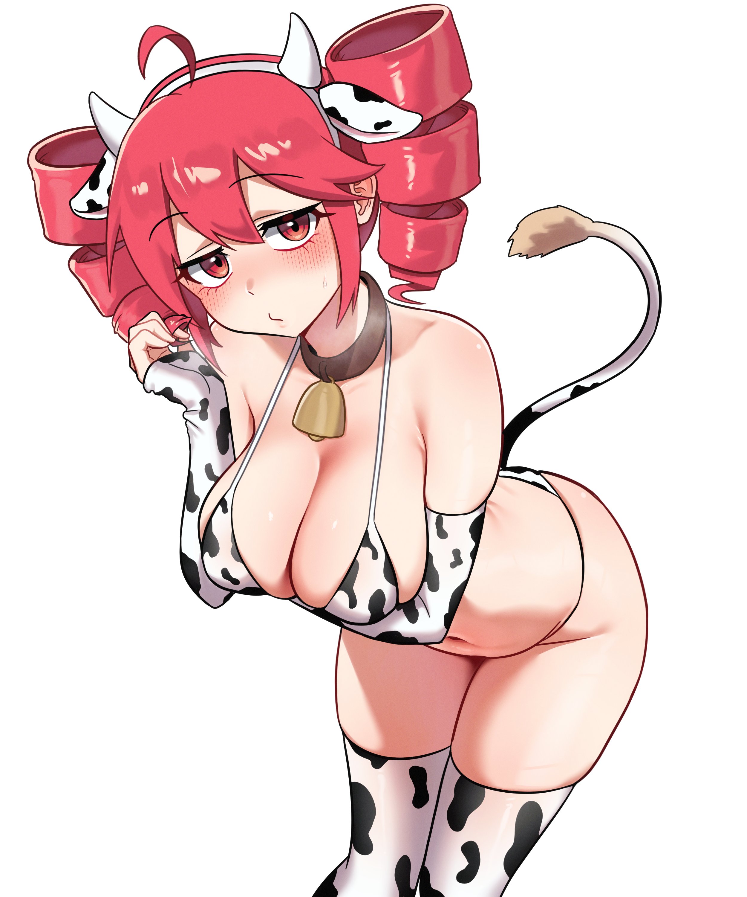 1girl, 1girls, 2d, 2d (artwork), ahoge, alternate version available, arched back, arm under breasts, ass visible through thighs, baseball cap, belly, big thighs, bikini, black collar, blush, blush lines, blushing, blushing female, blushing profusely, bottomless, breasts, choker, cleavage, collar, commentary request, cow bell, cow ears, cow ears headband, cow print, cow print armwear, cow print bikini, cow print thighhighs, cow tail, cowbell, curvaceous, curvy, curvy female, curvy figure, dochi pi, double-parted bangs, drill hair, embarrassed, embarrassed female, eyelashes, female torso, g-string, groin, hair between eyes, heart, highres, hips wider than shoulders, hourglass figure, huge thighs, index fingers raised, kasane teto, kasane teto (sv), large thighs, light blush, long eyelashes, looking at viewer, medium breasts, midriff, motion lines, mouth hold, mv character, navel, nipples, pointing, pointing at self, puckered lips, pussy, pussy juice, pussy juice trail, red eyes, red hair, seductive, seductive look, shiny breasts, shiny skin, side-tie bikini, simple background, skindentation, slim waist, solo, sound effects, speech bubble, spoken heart, steam, steaming body, sticking ass out, suggestive, suggestive fluid, suggestive look, suggestive pose, swimsuit, thick thighs, thighhighs, thighs, trembling, twin drills, twitching, utau, white background, wide hips