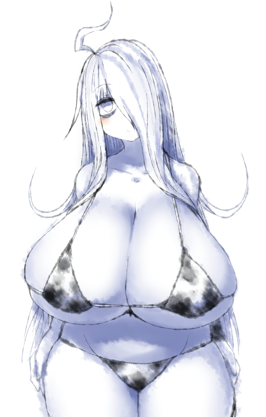 2b213, bikini, blush, bra, breasts, cleavage, cow bikini, cow print, curvy, eye bags, female, hair over one eye, huge breasts, mei (2b213), panties, solo, wide hips