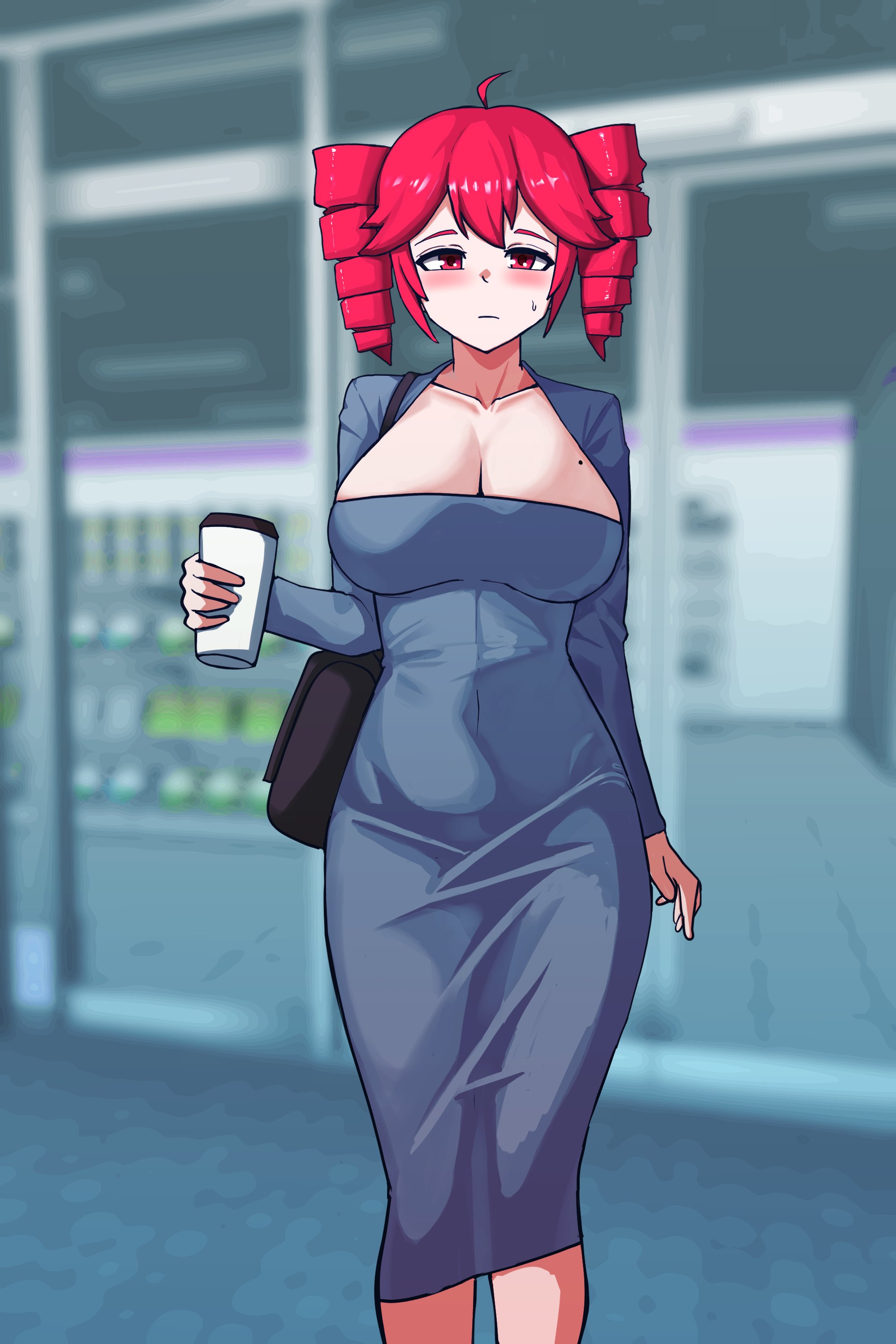 1girls, 2d, 2d (artwork), ahoge, artist request, bag, beauty mark, beauty mark on breasts, big breasts, big thighs, blush, blushing, blushing female, breasts, breasts focus, clavicle, cleavage, coffee, coffee cup, cup, curvaceous, curvy, curvy female, curvy figure, deep cleavage, dongtan dress, dress, fat breasts, female, female only, hand bag, holding cup, holding object, hourglass figure, huge breasts, kasane teto, large breasts, large thighs, looking at viewer, mature, mature female, navel, navel visible through clothes, no bra, office lady, plump, plump breasts, public, purse, red eyes, red hair, revealing clothes, revealing dress, revealing outfit, round breasts, skimpy, skimpy dress, slim waist, solo, solo female, sweat, sweatdrop, sweating, thick thighs, thighs, tight clothing, tight dress, tired, tired eyes, tired look, twin drills, utau, voluptuous, voluptuous female, wide hips