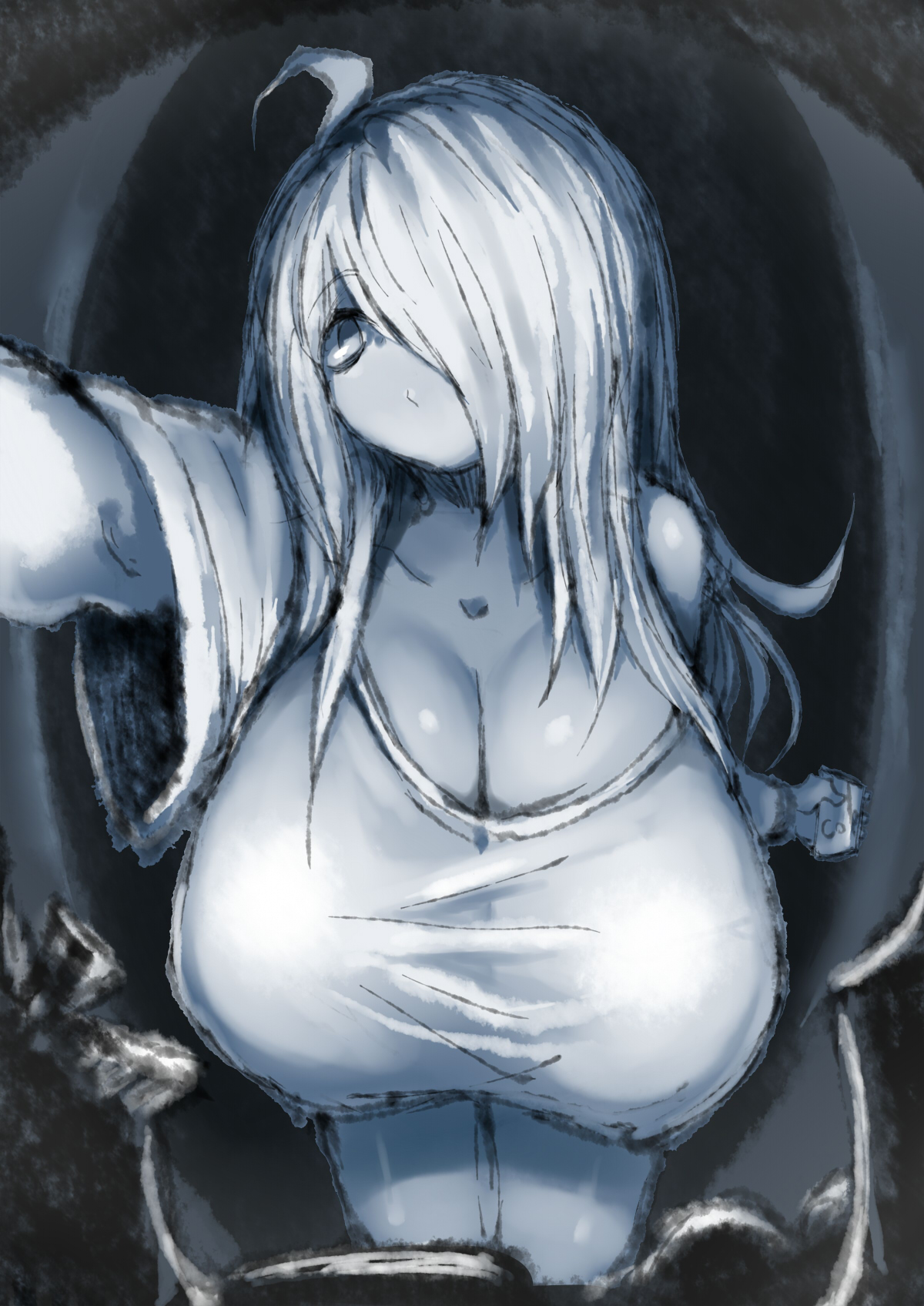 2b213, ass, breasts, cleavage, curvy, eye bags, female, hair over one eye, huge breasts, large ass, long hair, mei (2b213), mirror, monochrome, one eye covered, original, solo, source request, thick, thick thighs