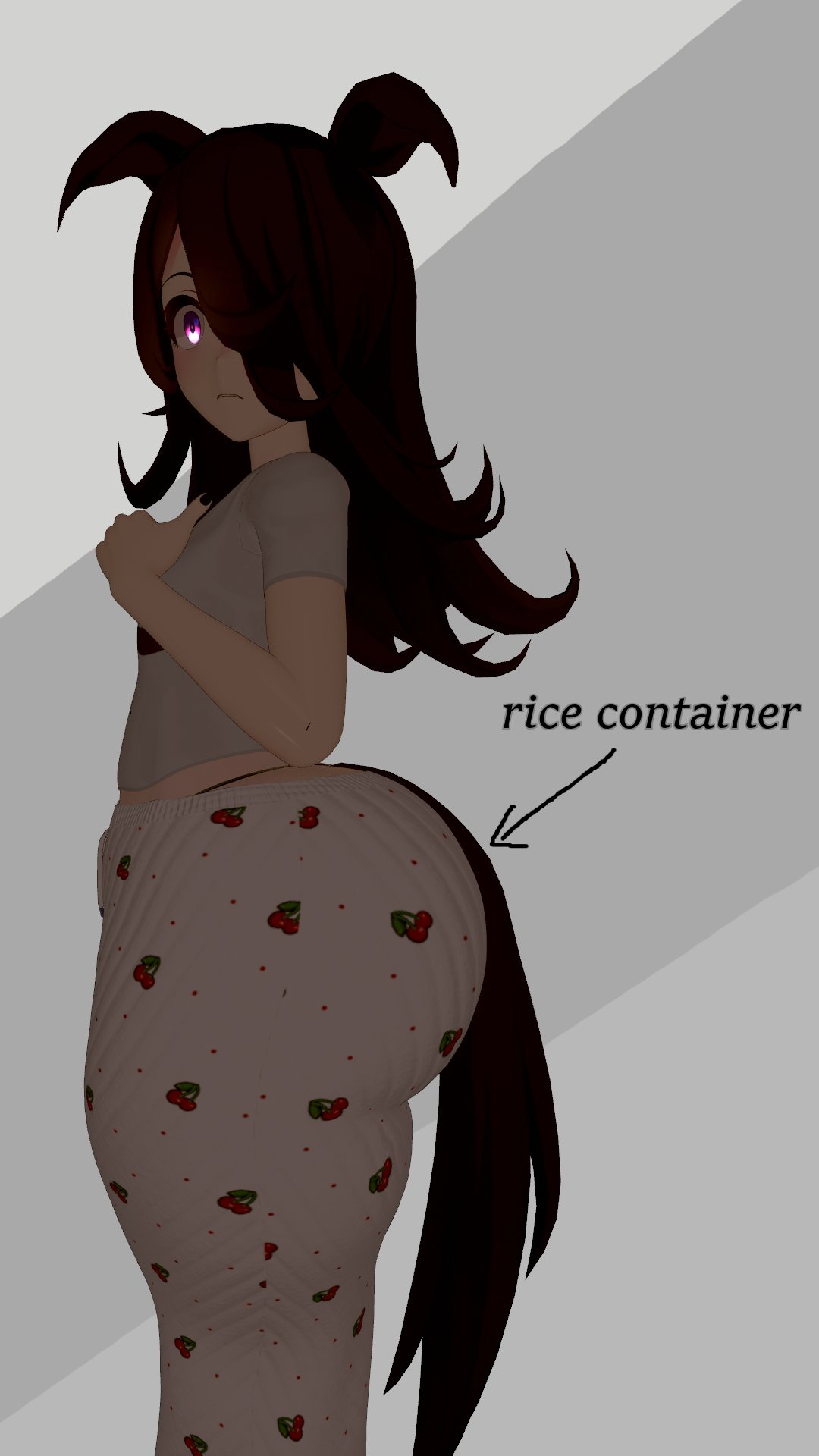 3d, artist request, ass, ass bigger than head, ass focus, ass up, big ass, blender, blush, brown hair, dumptruck ass, fat ass, flat chest, flat chested, gigantic ass, horse girl, horse tail, huge ass, large ass, light skin, light-skinned female, pijama, pink eyes, rice shower (umamusume), small breasts, thick, thick ass, thick legs, thick thighs, thighs, umamusume