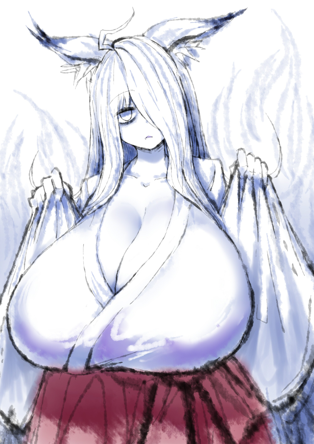 2b213, breasts, cleavage, curvy, eye bags, female, fox ears, fox tail, hair covering eye, horny, huge breasts, kitsune, mei (2b213), original, soft breasts, solo, source request, tagme