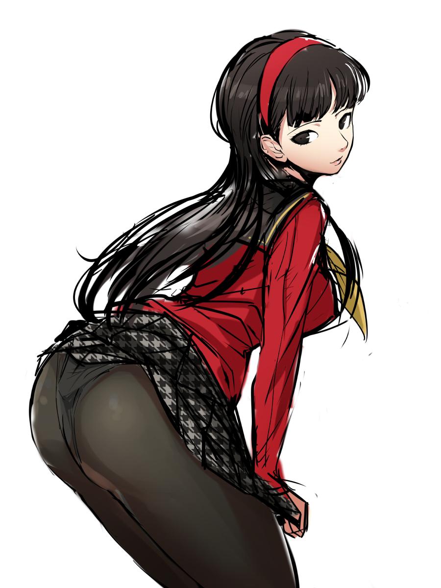 1girls, akizora, amagi yukiko, arched back, ass, ass focus, bent over, black hair, female, leaning forward, light skin, light-skinned female, pantyhose, pantylines, persona, persona 4, presenting, presenting ass, presenting butt, presenting hindquarters, simple background, skirt, solo, solo female, white background