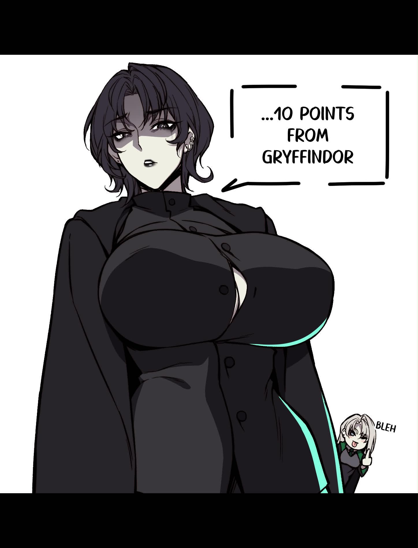 2girls, artist request, big breasts, black hair, black lips, black lipstick, boob window, breasts, cero rains, check artist, draco malfoy, draco malfoy (redteneri), english text, fair skin, genderswap, harry potter, huge breasts, large breasts, letterbox, letterboxed, lipstick, pale skin, partially unbuttoned, rule 63, severus snape, speaking, speech bubble, tagme, talking, teacher, text