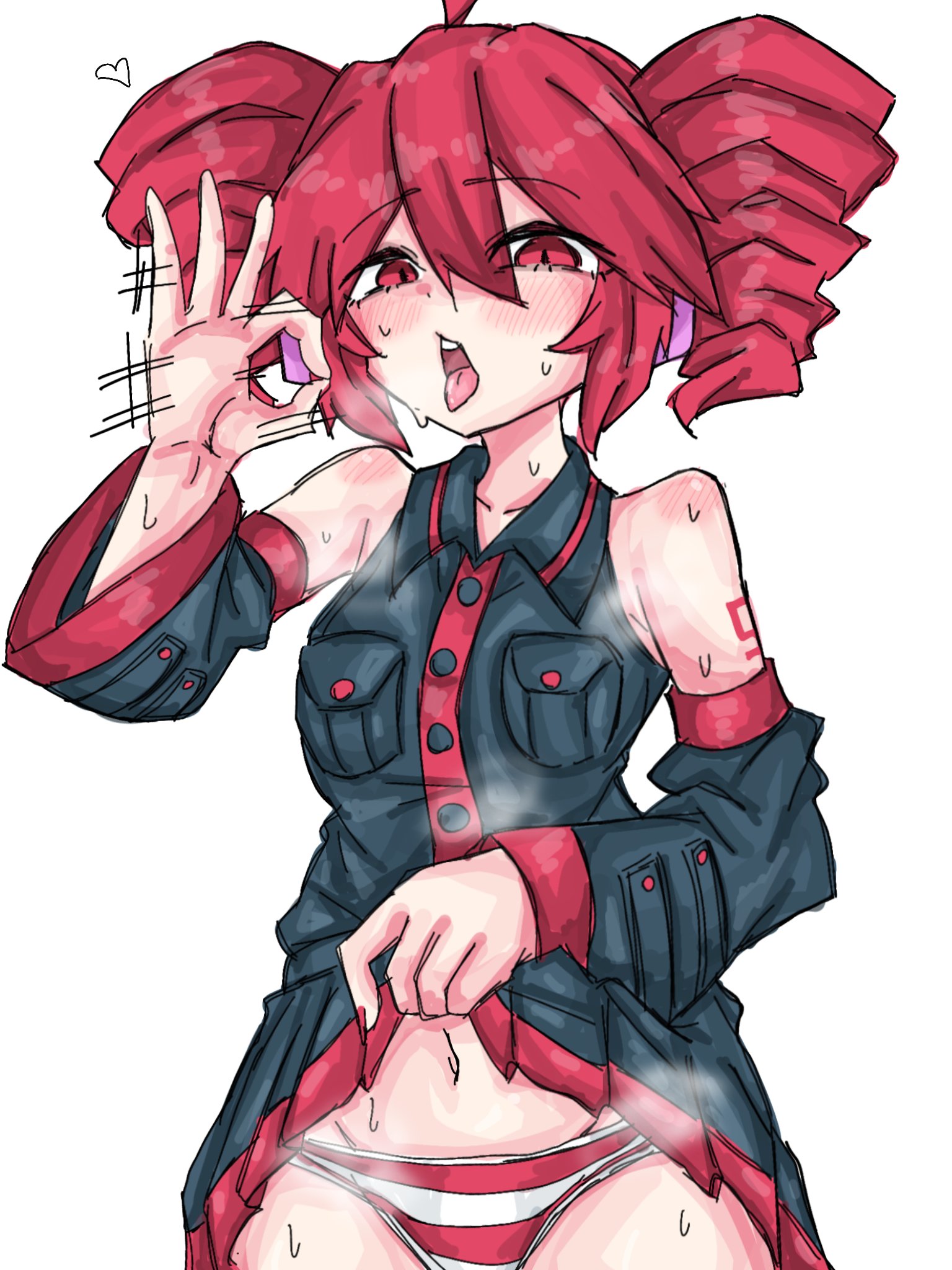1girls, 2d, 2d (artwork), ahoge, arm tattoo, belly, blowjob face, blowjob gesture, blush, blush lines, blushing, blushing female, blushing profusely, clothed, clothed female, clothing, cock hungry, detached sleeves, exposed belly, fellatio gesture, female, female only, flashing, flashing panties, fully clothed, half-closed eyes, heart, hearts, hearts around head, horny, horny female, inviting, inviting to fuck, inviting to oral, inviting to sex, kasane teto, lifting own skirt, lifting skirt, looking at viewer, musk, musk clouds, navel, open mouth, oral invitation, panties, petite, petite body, petite female, red eyes, red hair, seductive, seductive look, simple background, skinny, skinny female, skirt, skirt lift, skirt lifted by self, slim girl, slim waist, solo, solo female, steam, steaming body, striped panties, suggestive, suggestive gesture, suggestive look, suggestive pose, sweat, sweatdrop, sweating, sweating profusely, tattoo, tongue, tongue out, tukemono6500, twin drills, utau, wanting cock, wanting sex, white background