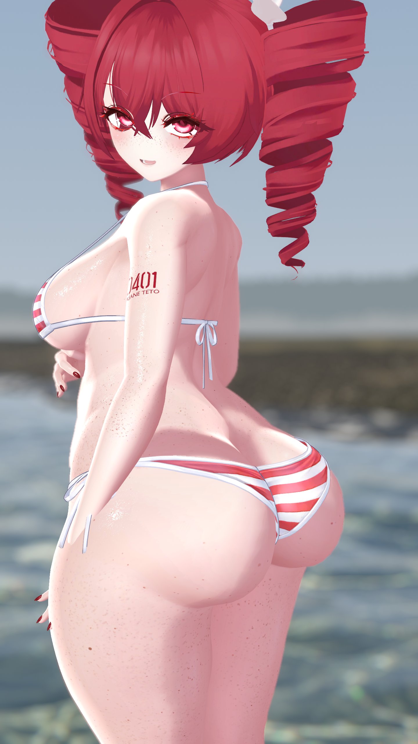 1girl, 1girls, 2026, 3d, 3d (artwork), 3d model, 3d render, artist request, ass, ass crack, beach, beach background, big ass, big butt, big thighs, bikini, bikini bottom, bikini top, boob, boobies, boobs, breasts, butt, butt crack, chimera, curvy, curvy body, curvy female, digital art, digital drawing, digital drawing (artwork), digital media, digital media (artwork), drill hair, female, female focus, female only, freckled butt, freckled face, freckles, freckles on ass, freckles on breasts, freckles on chest, freckles on face, freckles on shoulders, freckles on thighs, kasane teto, large ass, large butt, looking at viewer, looking back, ocean, ocean background, painted nails, red eyes, red hair, solo, solo female, solo focus, striped bikini, swimwear, tagme, thighs, tits, titties, utau, woman, woman focus, woman solo