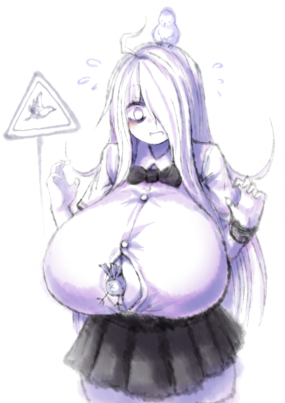 2b213, bird, breasts, cleavage, curvy, eye bags, female, hair over one eye, huge breasts, humor, mei (2b213), solo, source request, tagme