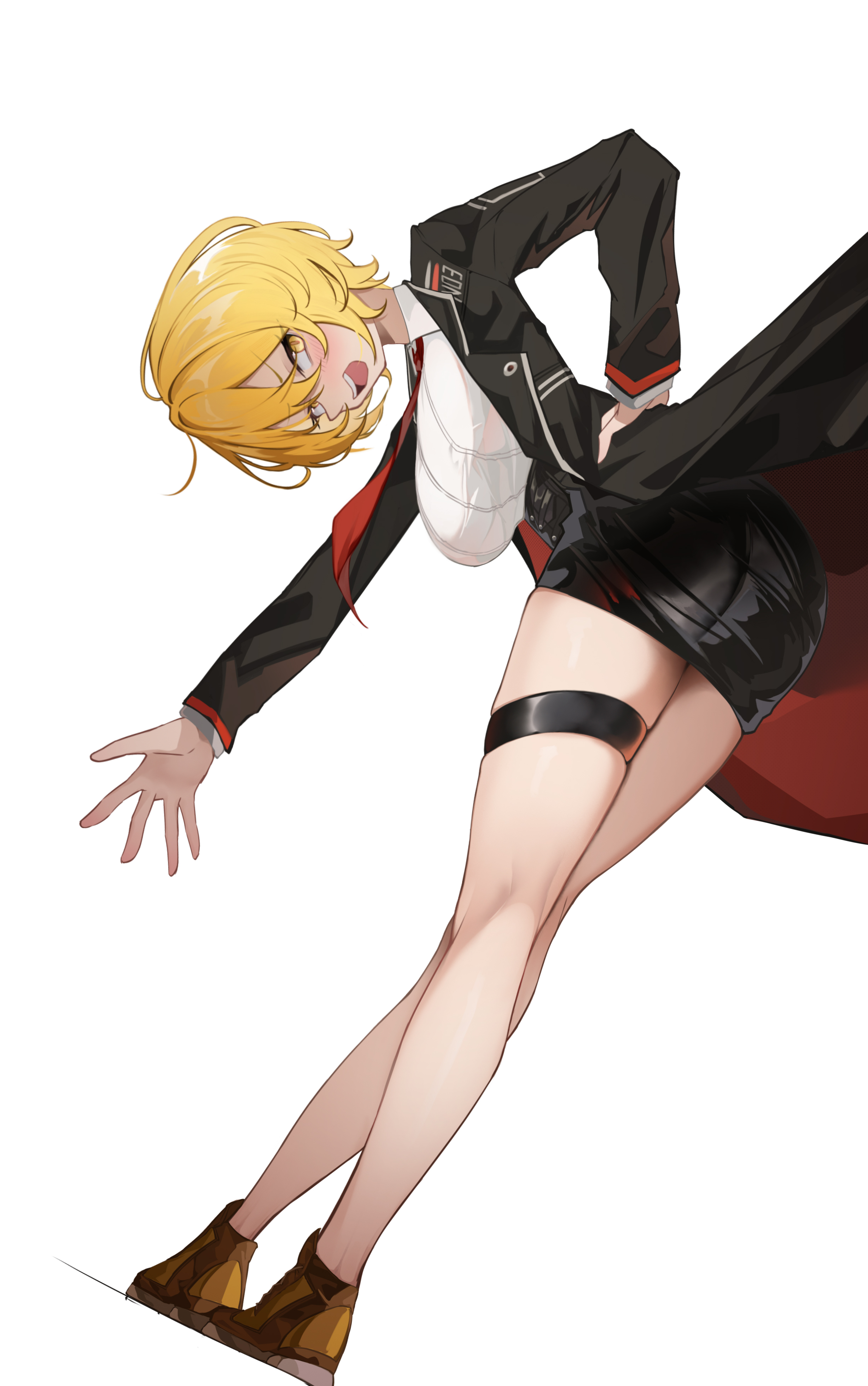 1girl, absurdres, black coat, blonde hair, coat, commentary request, don quixote (limbus company), highres, limbus company, long sleeves, necktie, open mouth, project moon, red necktie, shirt, short hair, skirt, smile, white background, white shirt, yellow eyes