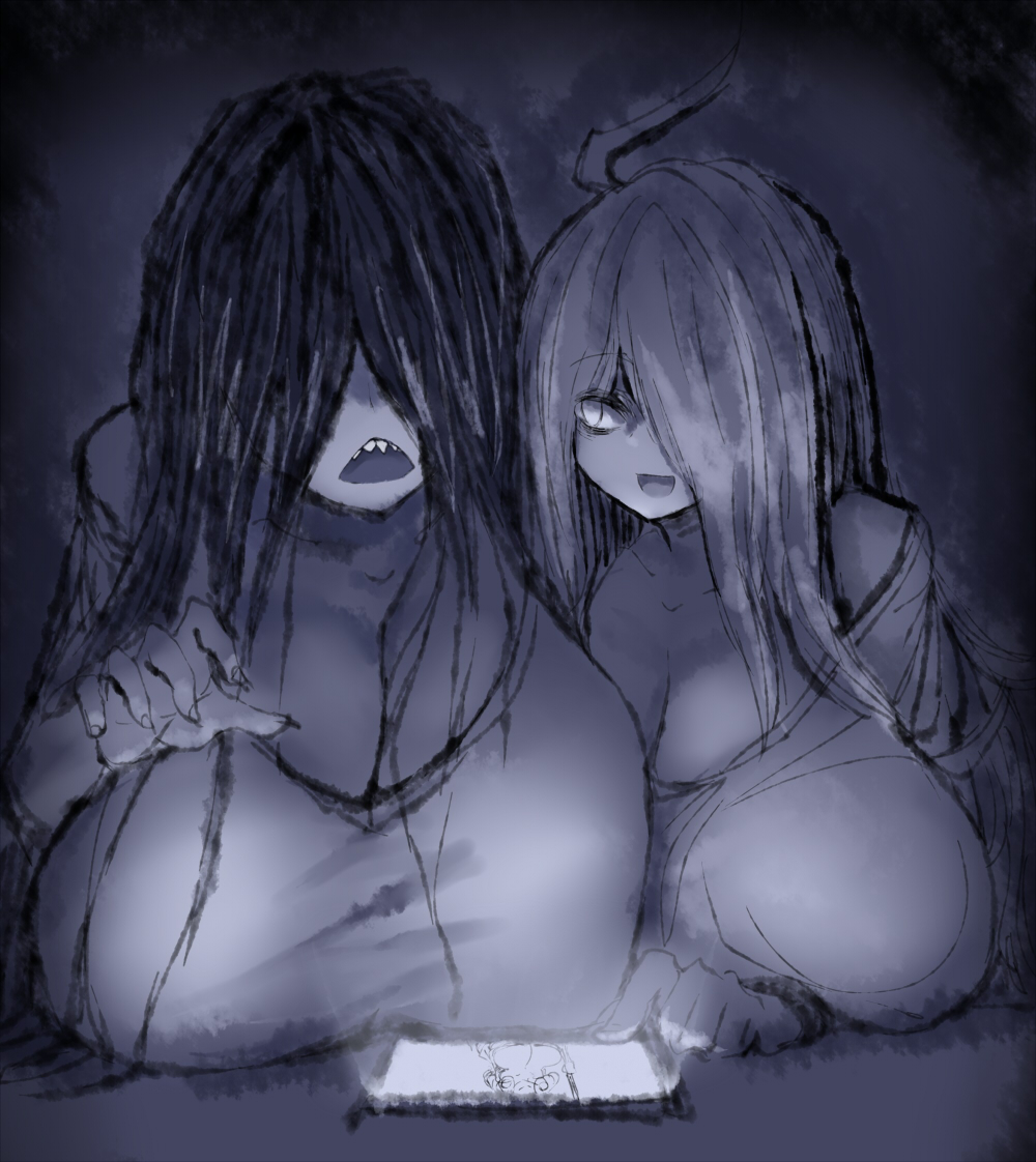 2b213 breasts cleavage curvy duo eye_bags female hair_over_eyes hair_over_one_eye huge_breasts mei_(2b213) phone source_request tagme the_ring yamamura_sadako