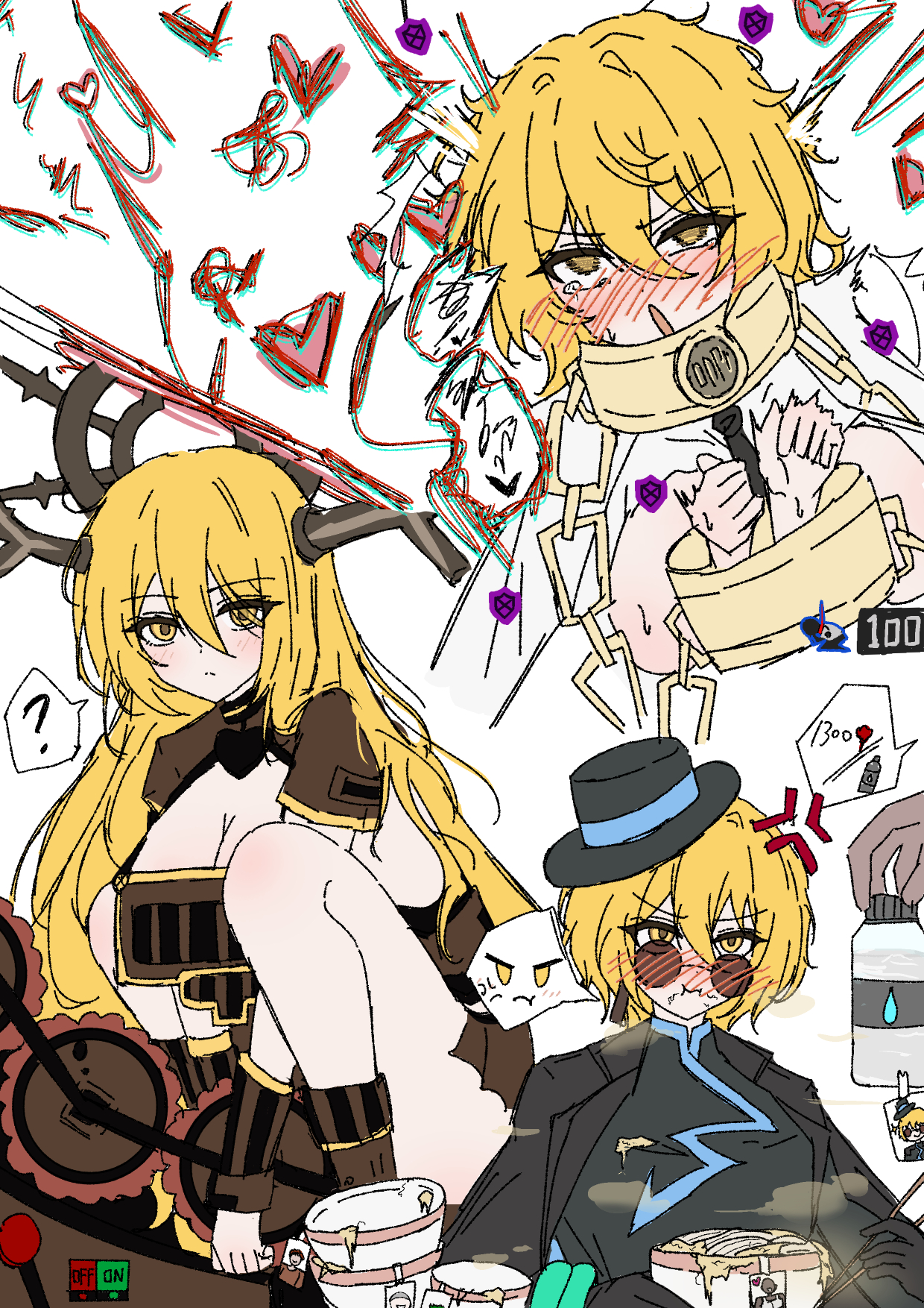 3girls, armor, blonde hair, blush, breasts, chained, chained wrists, chinese clothes, cinq association (identity) (project moon), collar, don quixote (limbus company), dress, glasses, halo, handcuffs, horn, index don quixote, large breasts, limbus company, long hair, necktie, noodles, project moon, very long hair, yellow eyes