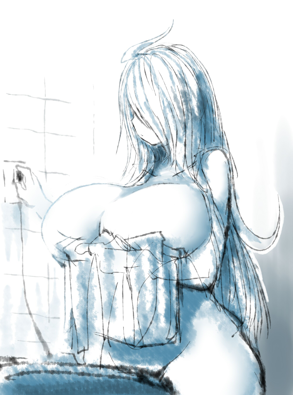 2b213 bathroom bowtie breasts covered_breasts curvy eye_bags female huge_breasts large_ass long_hair mei_(2b213) monochrome nude one_eye_covered school_uniform skirt solo source_request thick thick_thighs towel white_hair