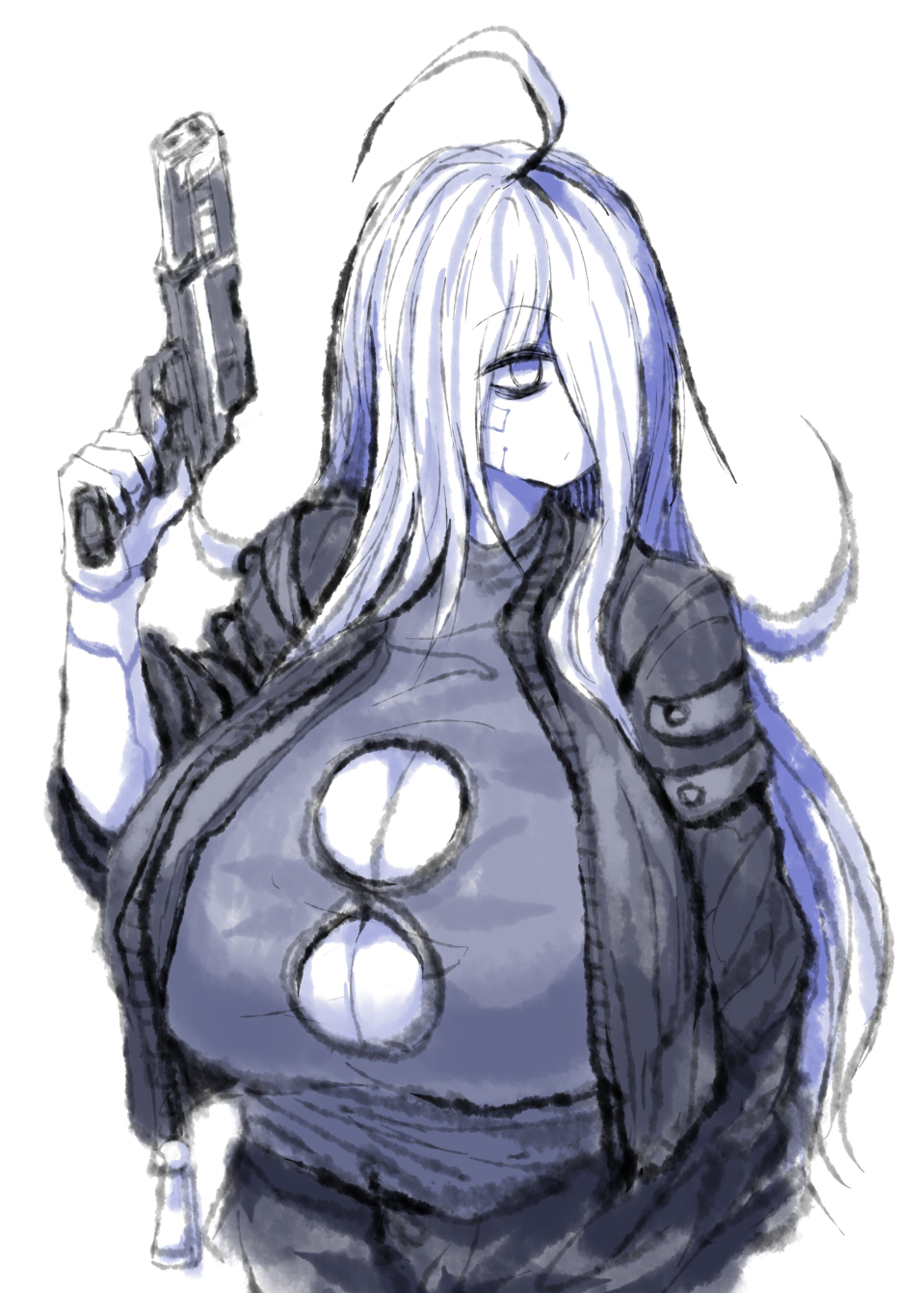 2b213, breasts, cleavage, clothed, curvy, cyberpunk 2077, eye bags, female, firearm, gun, hair over one eye, handgun, holding gun, huge breasts, jacket, long hair, mei (2b213), monochrome, no artist signature, no source, original character, solo, source request, tagme, weapon