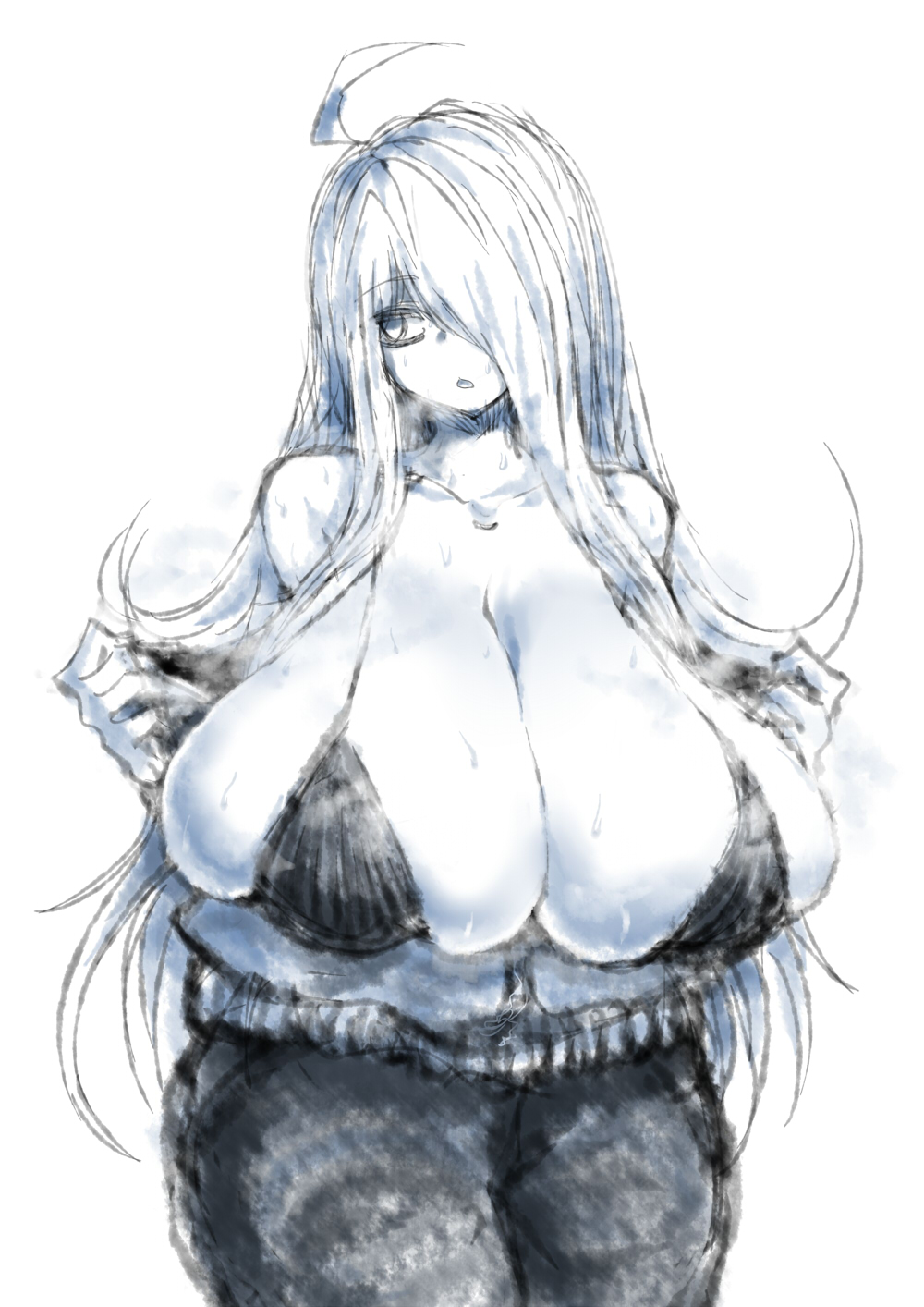 2b213, bra, breasts, cleavage, curvy, eye bags, female, hair over one eye, huge breasts, mei (2b213), original, solo, source request, sweat, sweating, tagme, undressing