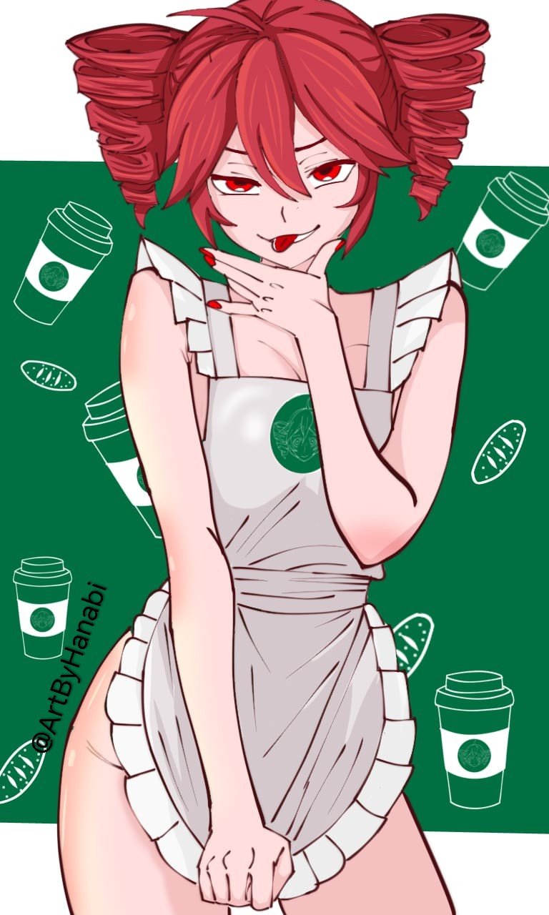 1girls, 2d, 2d (artwork), ahoge, apron, apron only, apron pull, artist request, barista, breasts, cleavage, completely nude, female, female only, functionally nude, kasane teto, looking at viewer, medium breasts, nail polish, naked apron, no bra, no panties, nude, nude female, painted nails, petite, petite body, petite female, red eyes, red hair, red nails, seductive, seductive look, seductive smile, shoulder blush, simple background, skinny, skinny female, slim girl, slim waist, solo, solo female, suggestive, suggestive gesture, suggestive look, thigh blush, thighs, tongue, tongue out, twin drills, utau