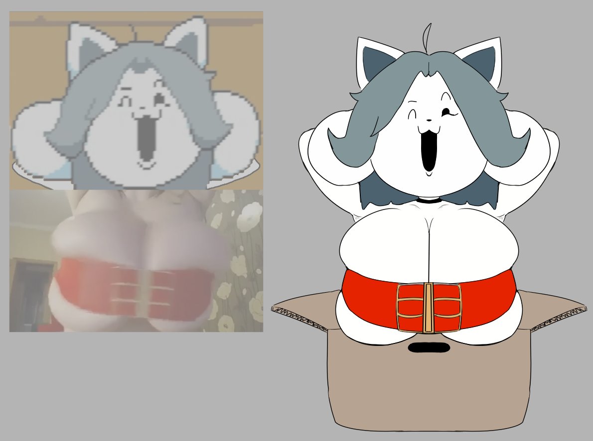artist request, cleavage, huge breasts, skindentation, temmie, temmie (undertale)