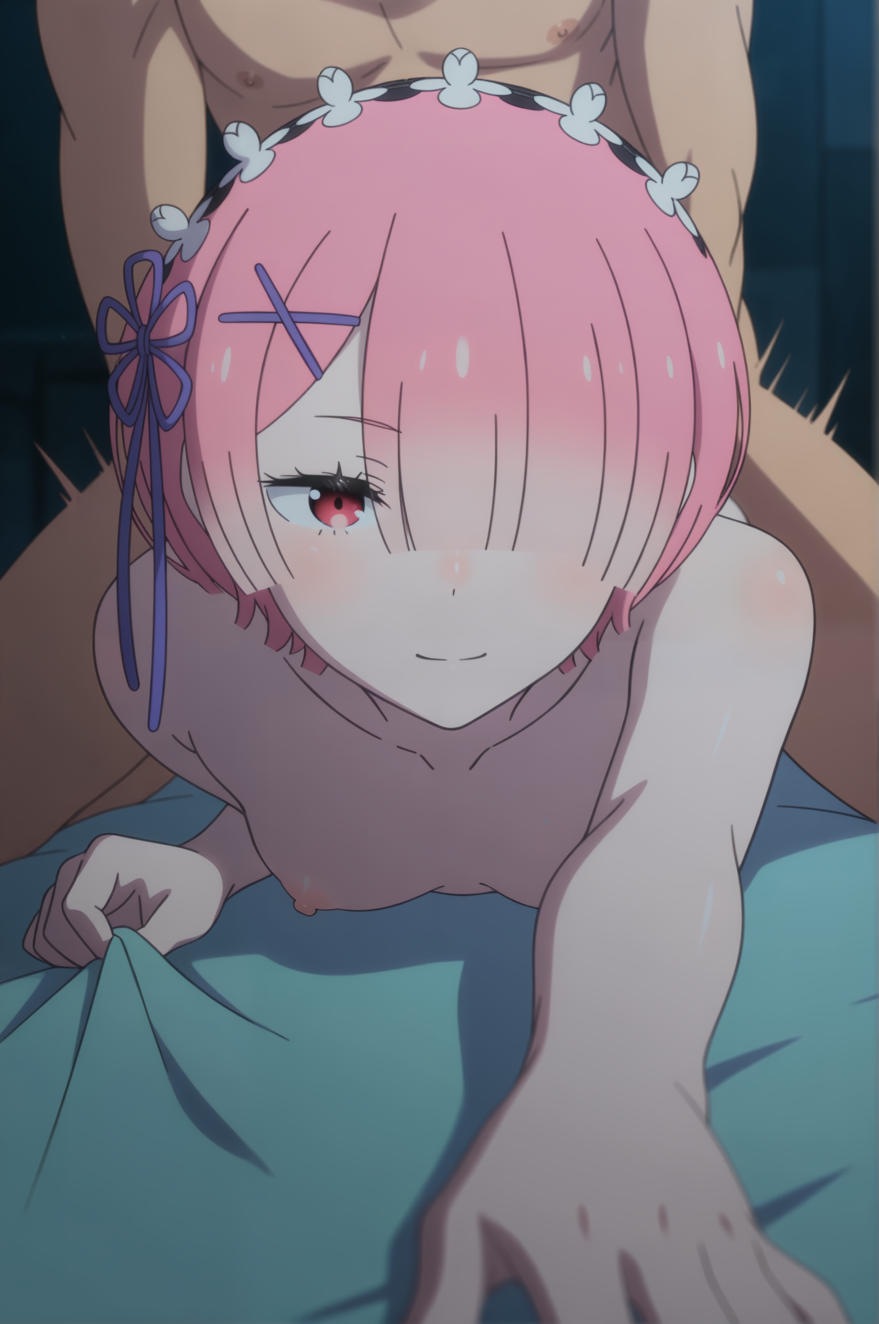1boy, 1girl, ai generated, bed sheet, blue ribbon, blurry, blush, boy on top, breasts, closed mouth, collarbone, completely nude, doggystyle, hair ornament, hair over one eye, hair ribbon, hairband, hetero, implied sex, indoors, looking at viewer, lying, maid headdress, nipples, nude, on bed, on stomach, pink hair, prone bone, purple ribbon, ram (re:zero), re:zero kara hajimeru isekai seikatsu, red eyes, ribbon, sex, sex from behind, sheet grab, short hair, small breasts, smile, solo focus, spasibo15, x hair ornament