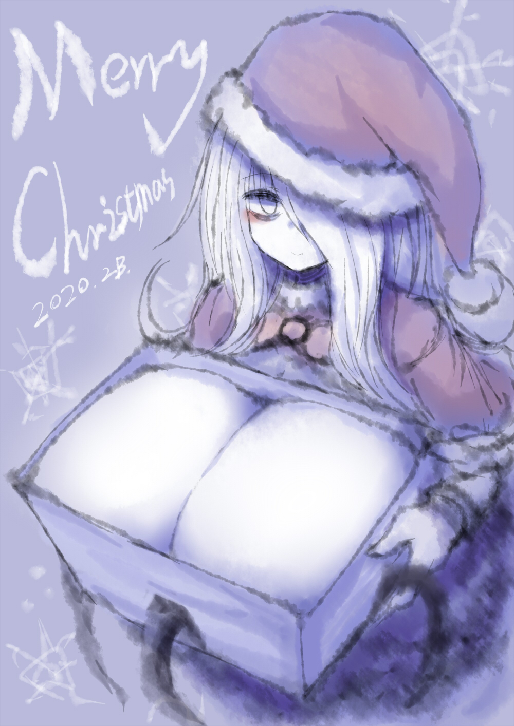 2020, 2b213, breasts, breasts in box, christmas, cleavage, curvy, eye bags, female, gift box, hair over one eye, huge breasts, looking at viewer, mei (2b213), santa costume, santa hat, solo, source request, tagme