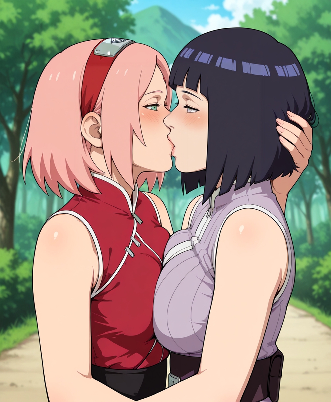 2girls, ai generated, blush, boruto, boruto: naruto next generations, breast press, cheating, cheating wife, girls kissing, green eyes, half-closed eyes, haruno sakura, hinata hyuuga, hyuuga hinata, kiss, lesbian, lesbian kiss, mature female, medium hair, naruto, naruto (series), netorare, ntr, outdoors, sakura haruno, symmetrical docking, uchiha sakura, upper body, uzumaki hinata, vilerune, white eyes, yuri