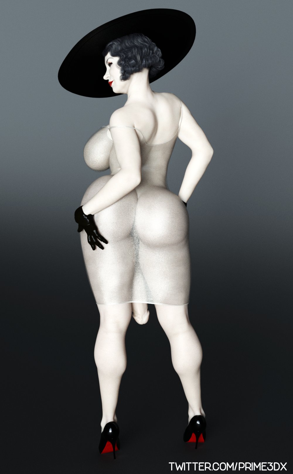 1futa, 3d, alcina dimitrescu, ass, backsack, balls, balls under clothes, ballsack, bottomless skirt, breasts, curvy, flaccid, flaccid penis, futa only, futa sans pussy, futanari, high heels, huge ass, huge breasts, huge cock, hyper, hyper penis, intersex, penis, penis to the knees, penis under clothes, penis under skirt, prime3dx, realistic, resident evil, resident evil 8: village, see-through clothing, simple background, skirt, taint, testicles, thick thighs, wide hips