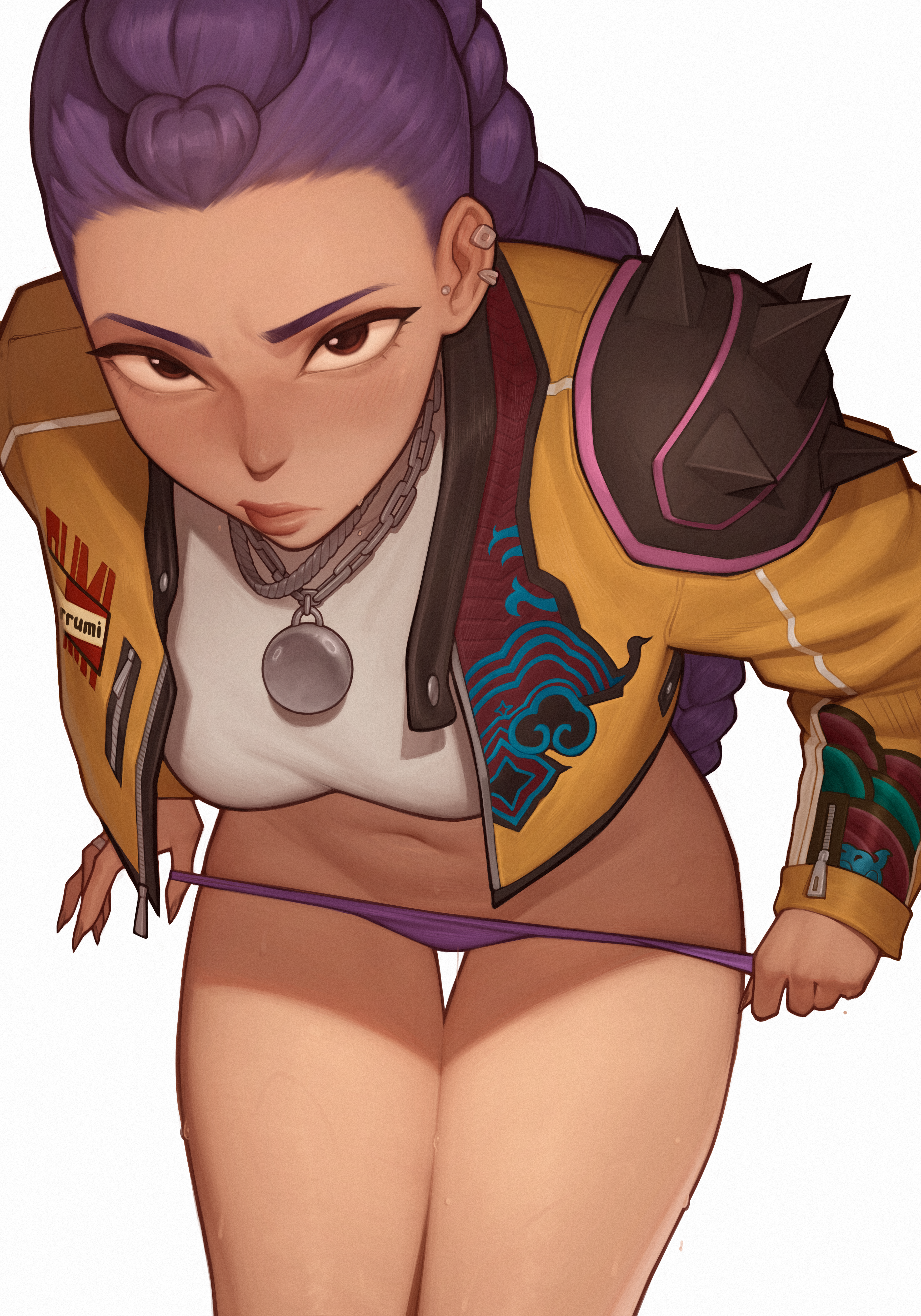 1girl, 1girls, asura (artist), belly, belly button, blush, bottomless, ear piercing, female, female focus, female only, highres, kpop demon hunters, long hair, looking at viewer, necklace, panties, partially clothed, purple hair, rumi (kpop demon hunters), solo, sweat, tagme, thighs
