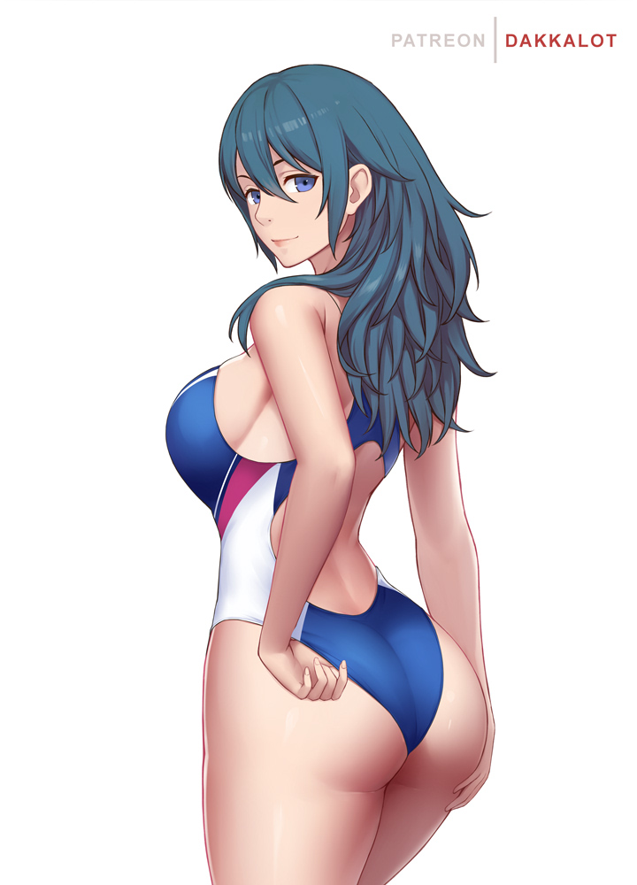 1girls ass back back_cutout back_view bangs bare_arms bare_back bare_shoulders big_ass blue_eyes blue_hair blue_swimsuit breasts byleth_(fire_emblem) byleth_(fire_emblem)_(female) clothing_cutout competition_swimsuit cowboy_shot dakkalot female fire_emblem fire_emblem:_three_houses from_behind hair_between_eyes large_breasts looking_at_viewer looking_back medium_hair nintendo one-piece_swimsuit sideboob smile solo swimsuit teal_hair