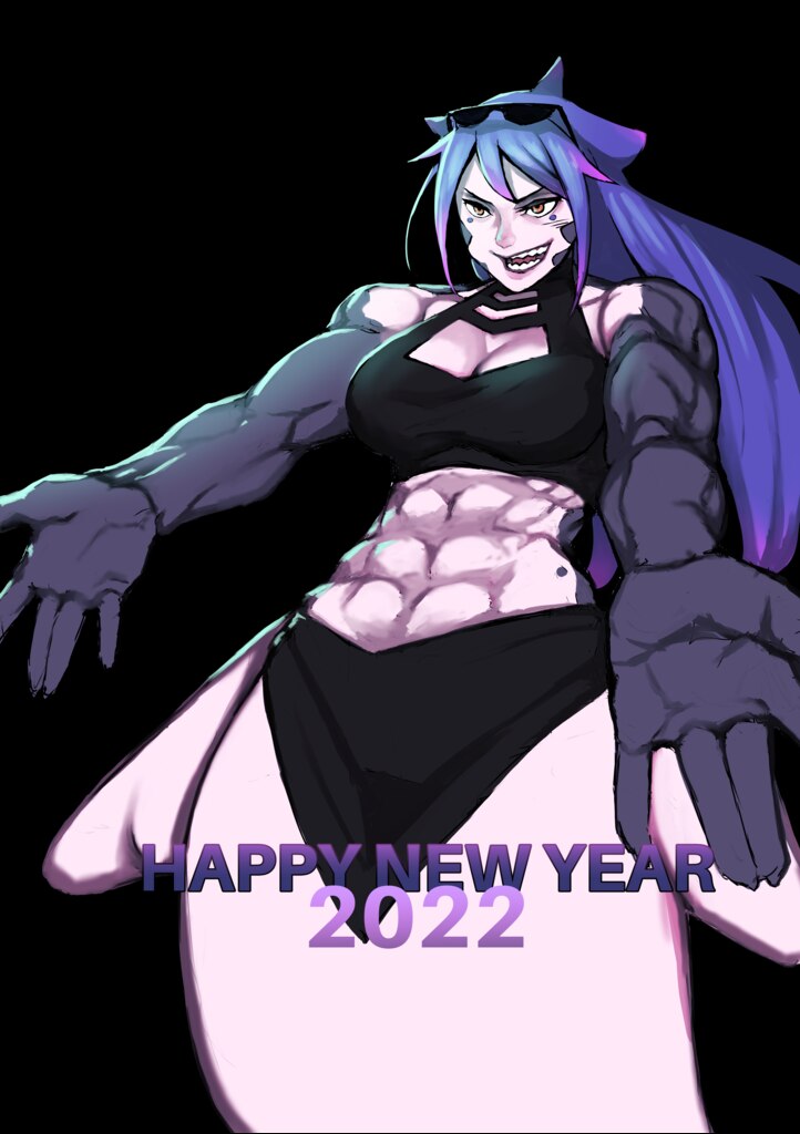 abs happy_new_year happy_new_year_2022 mako_(monster_girl_island) monster_girl monster_girl_island muscles muscular_female outdated toned toned_body toned_female toned_stomach